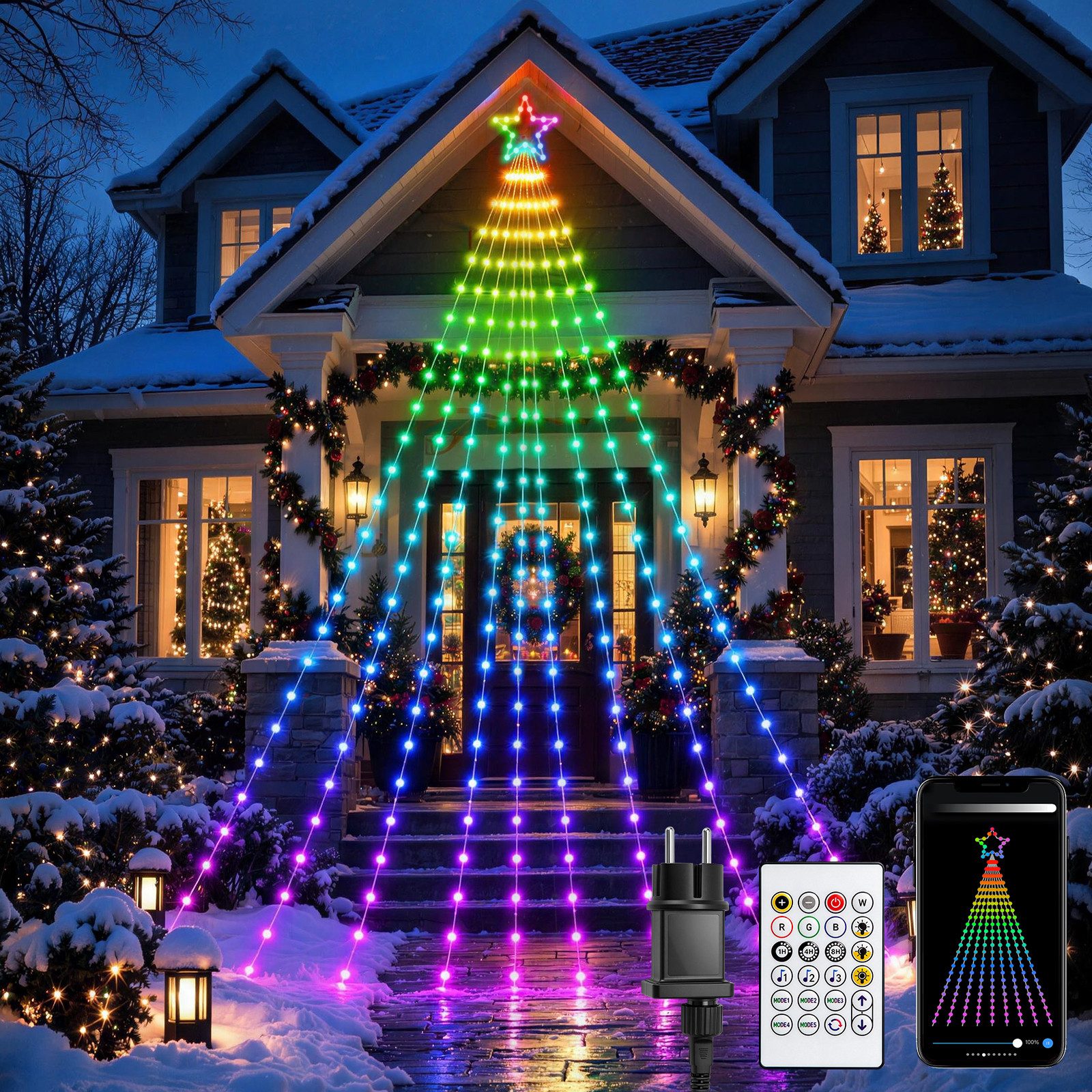 XERSEK LED-Lichtervorhang 5M Weihnachtsbaum Wasserfall RGB Lichter Stern Topper 30Modi Timer APP, 245 Leuchtdioden, 25×9 Lichtstreifen + 20 Sternleuchten, Fernbedienung