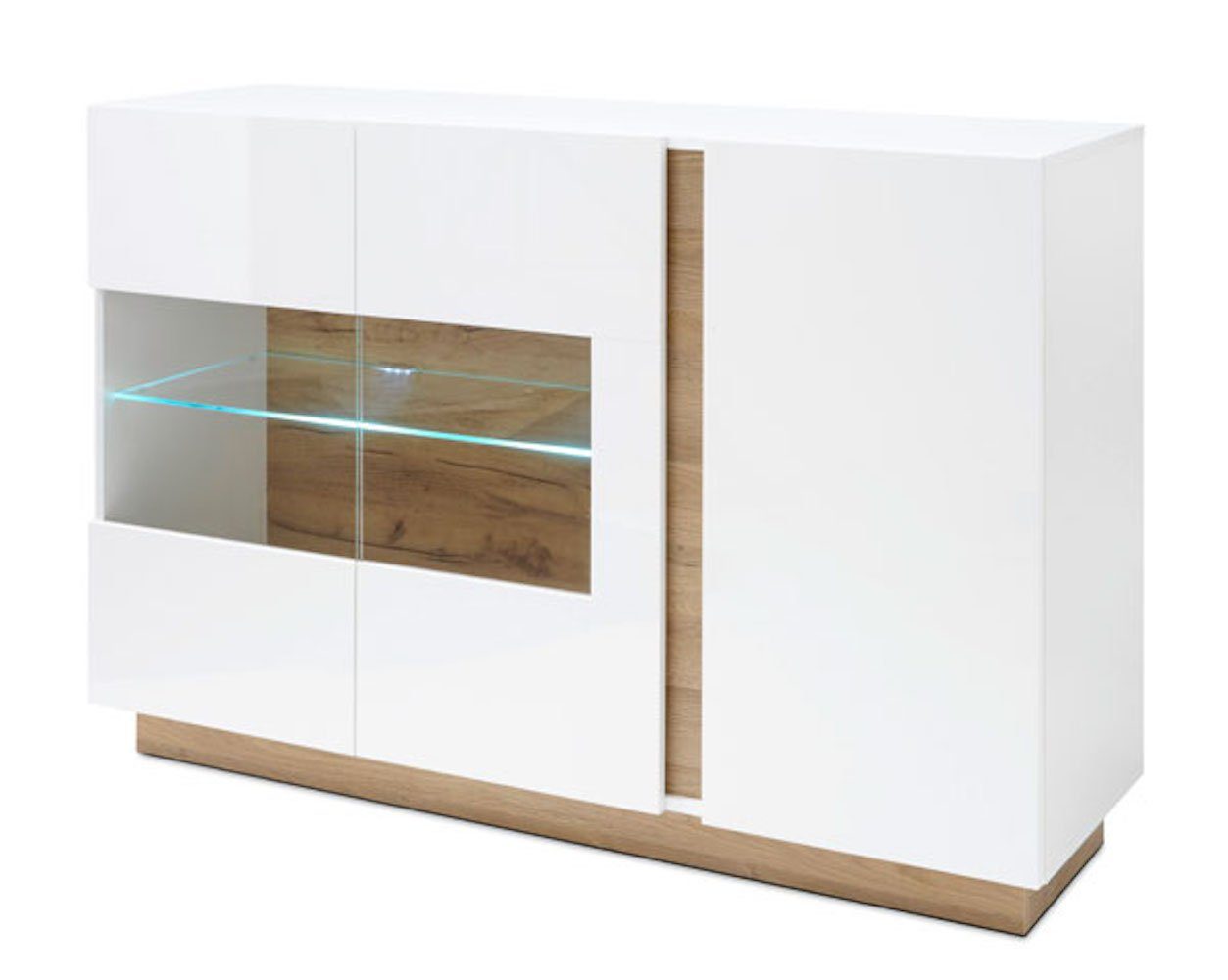 Feldmann-Wohnen Sideboard Clair (mit Türen, mit Einlegeböden, mit Glaseinsatz, 2 St., moderne Optik, mit Türen, mit Einlegeböden, mit Glaseinsatz), 138x40x91cm weiß Hochglanz - Grandson Oak