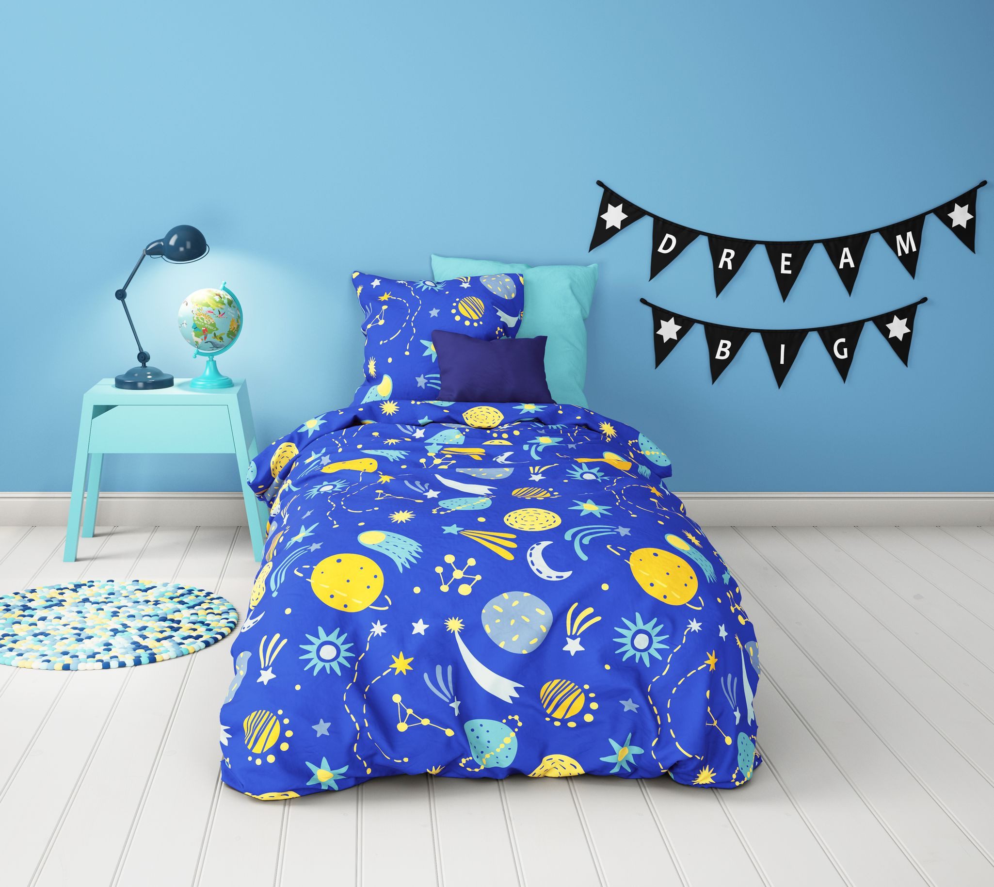 JACK Kinderbettwäsche 135x200cm Astronaut Weltall Galaxie Planeten Blau Gelb, Renforcé, 2 teilig, Baumwolle, Kinderzimmer, Sternschnuppe, Reißverschluss
