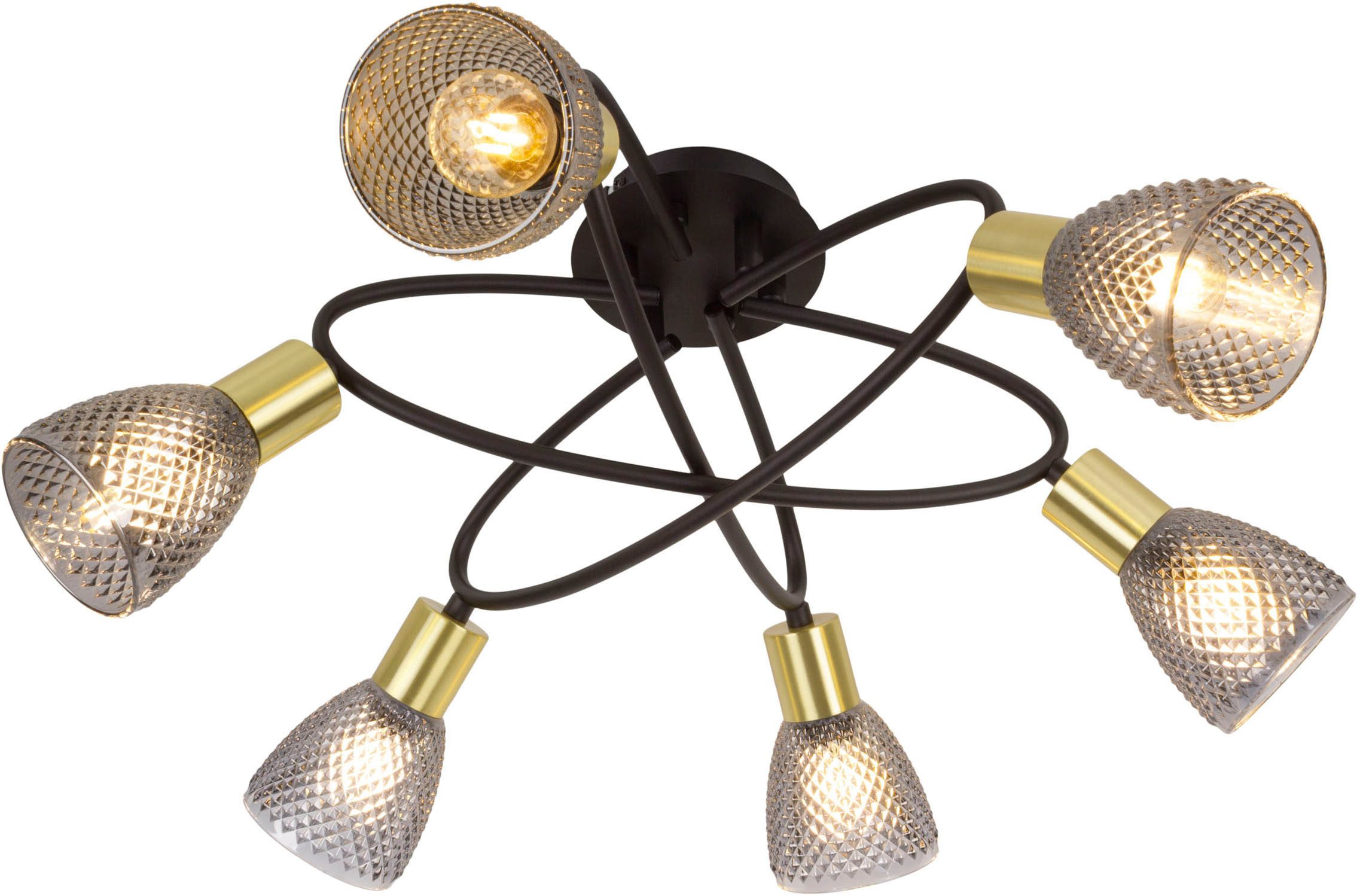 näve Deckenleuchte Lindita, ohne Leuchtmittel, 6er Spot, Relief-Glasschirm smokey, Gestell messing matt, 6x E14 exkl.