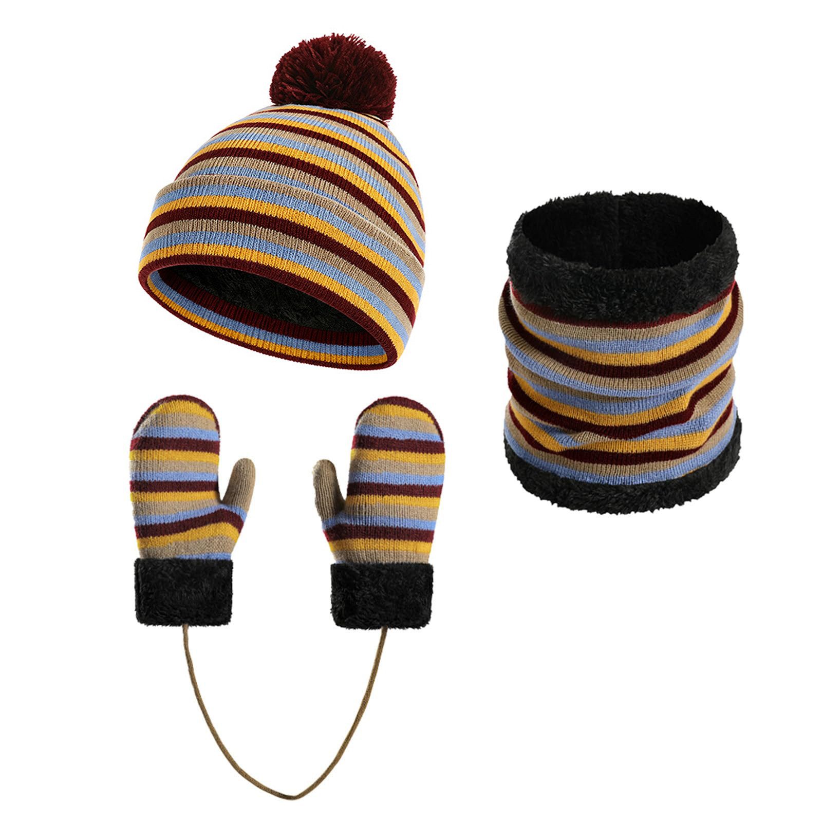 Autrucker Filzhut Kinder Mütze Schal Handschuhe Set, Warme Strickmütze mit Bommel (3-St) Winter Accessoires für Mädchen und Jungen
