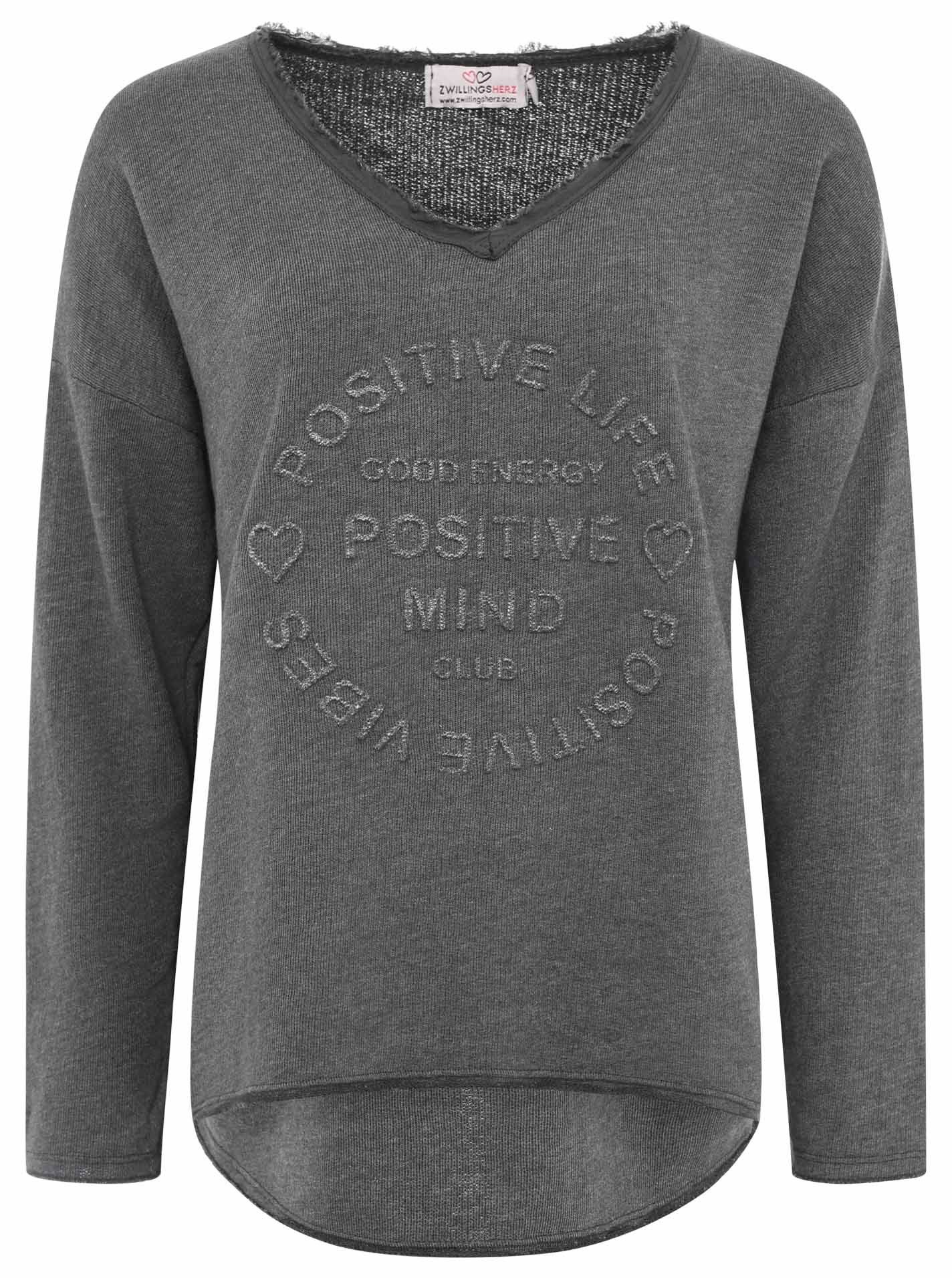 Zwillingsherz Sweatshirt "Positive Mind" ausgefranster V-Ausschnitt, Used Look, Langarm, Schriftzug