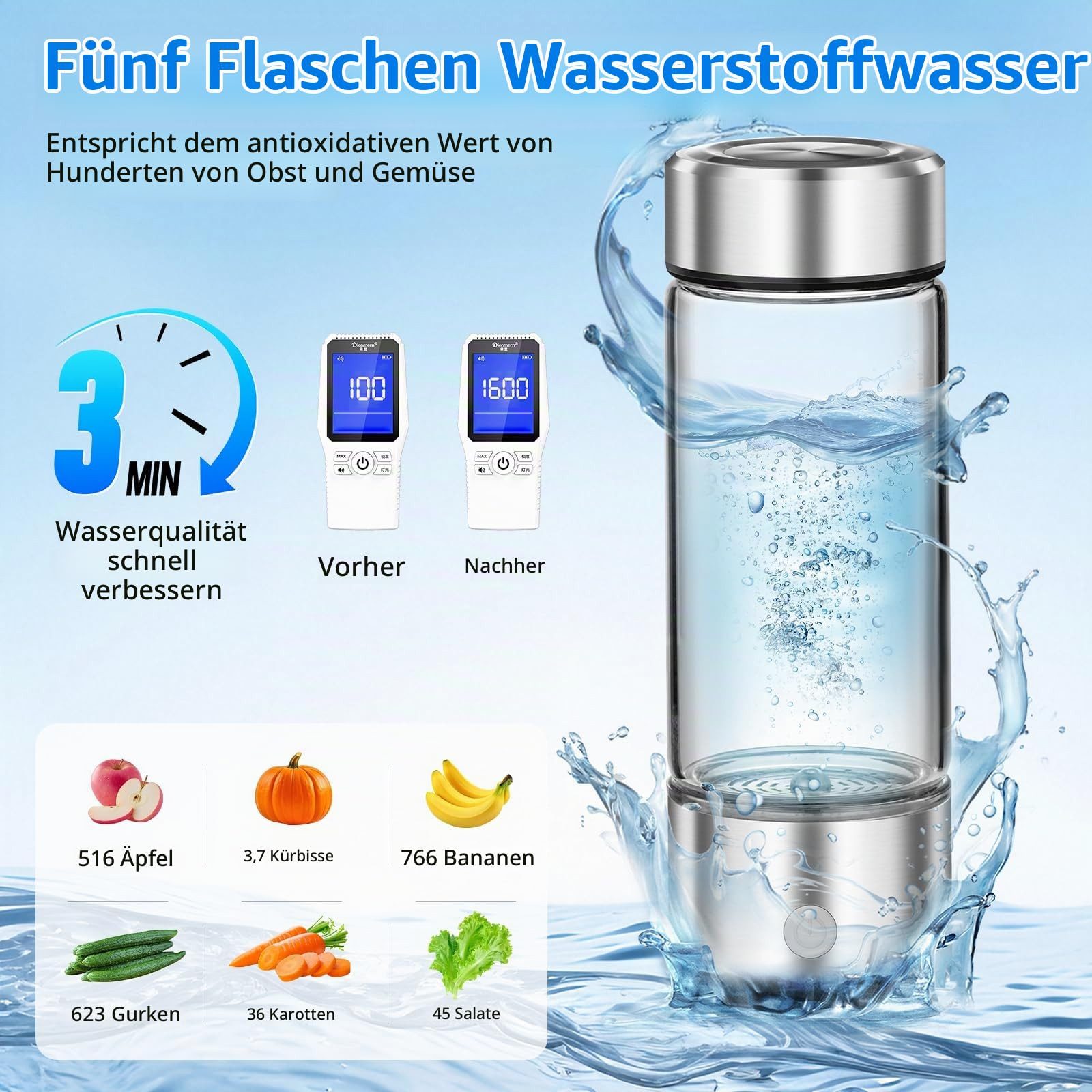 AIBISTAR Trinkflasche Wasserstoff-Wasserflasche, 450 ml, 3 Min., USB-C, tragbar, Mikro-Elektrolyse-Technologie,Perfektes Gesundheitsgeschenk – Bild 3 von 5
