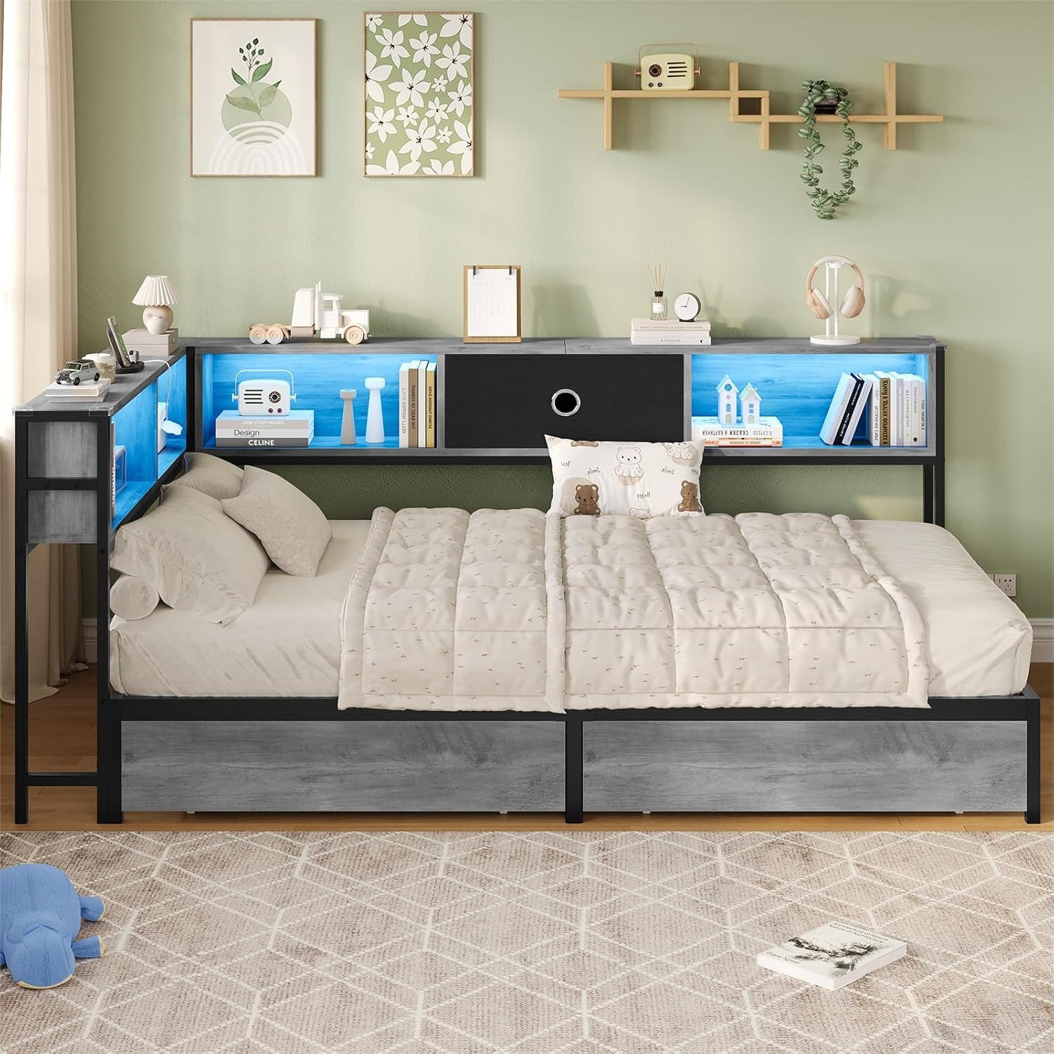 MSMASK Daybett Schlafsofa mit LED-Beleuchtung und Steckdose, Kinderbett, Jugendbett (1 tlg), Bett mit Metallrost, 90x190cm