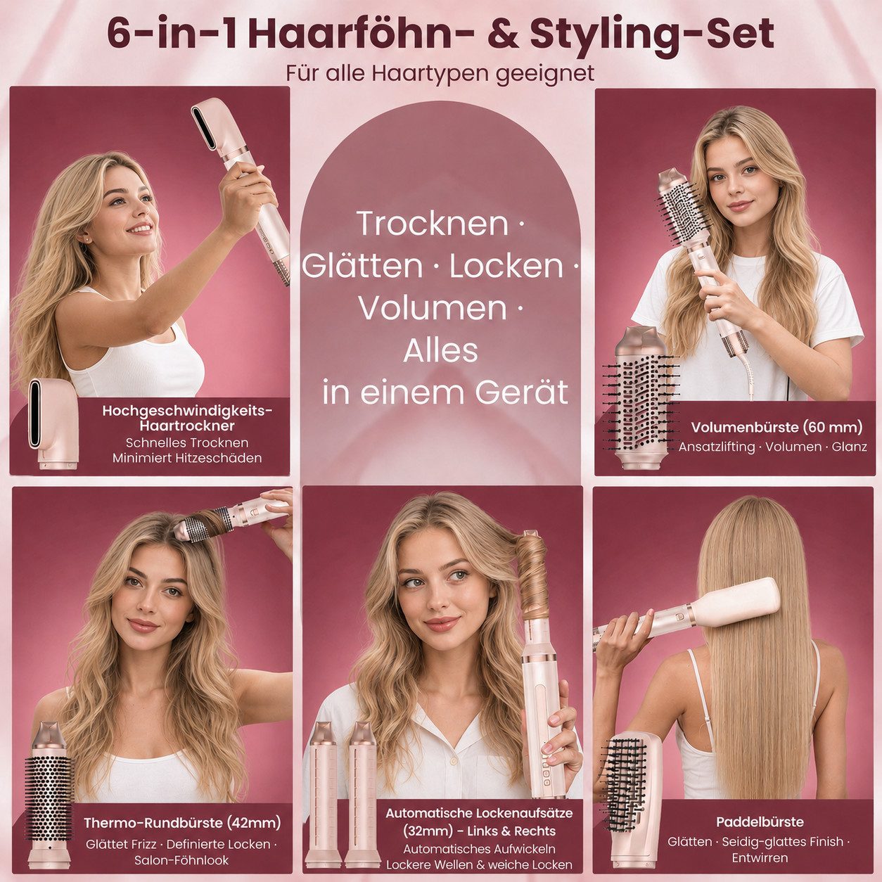 SWGOTA Multihaarstyler 6-in-1 Hairstyler 1300W Warmluftbürste mit 1 Milliarde Negative Ionen, 160.000 U/min,35m/s Luftstrom,NTC-Kontrolle,360° drehbare Stromkabel