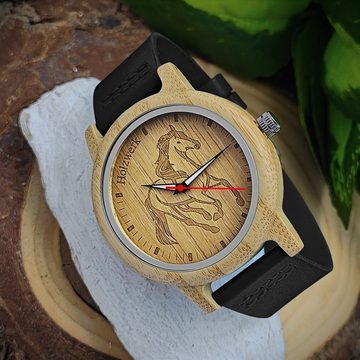 Holzwerk Quarzuhr TORI BLACK Damen Leder & Holz Uhr mit Pferd Motiv in schwarz, beige