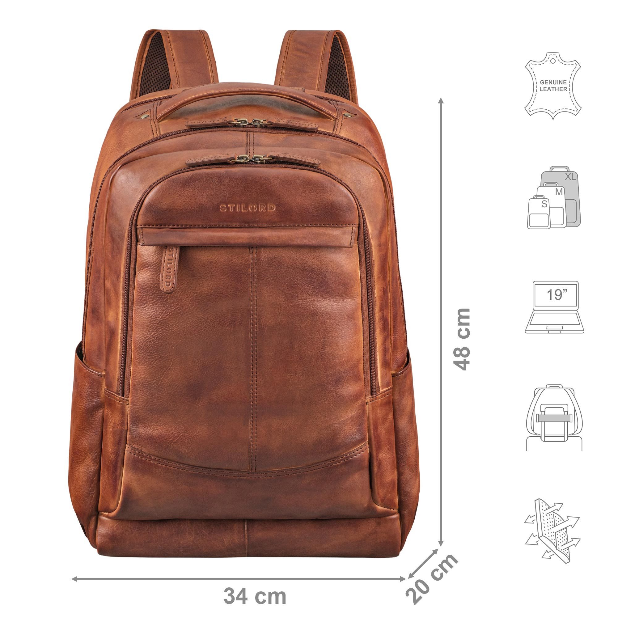 STILORD Notebookrucksack "Maxim" Premium XL Business Rucksack Leder mit Laptopfach 17 - 19 Zoll