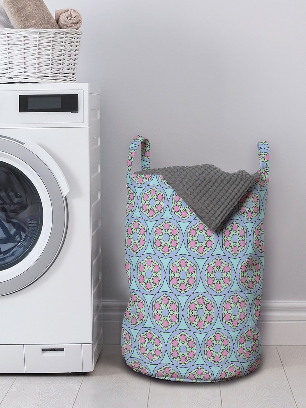 Abakuhaus Wäschesäckchen Wäschekorb mit Griffen Geometrisch für Floral Oriental Kordelzugverschluss Tile Waschsalons