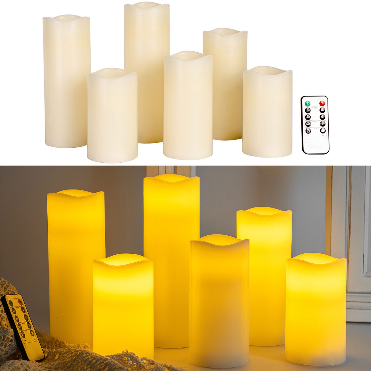 Casativo LED-Kerze ED-Echtwachskerzen flackernd dimmbare Batterie-Kerzen mit Timer (6-tlg), LED-Licht im Echtwachs-Mantel & Timerfunktion (2/4/6/8 Std)