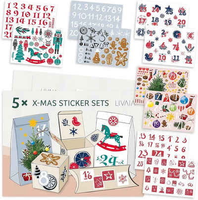 LIVAIA Sticker Weihnachtsaufkleber für Advent Kalender zu Weihnachten 5x Sticker Set, verschiedene Motive