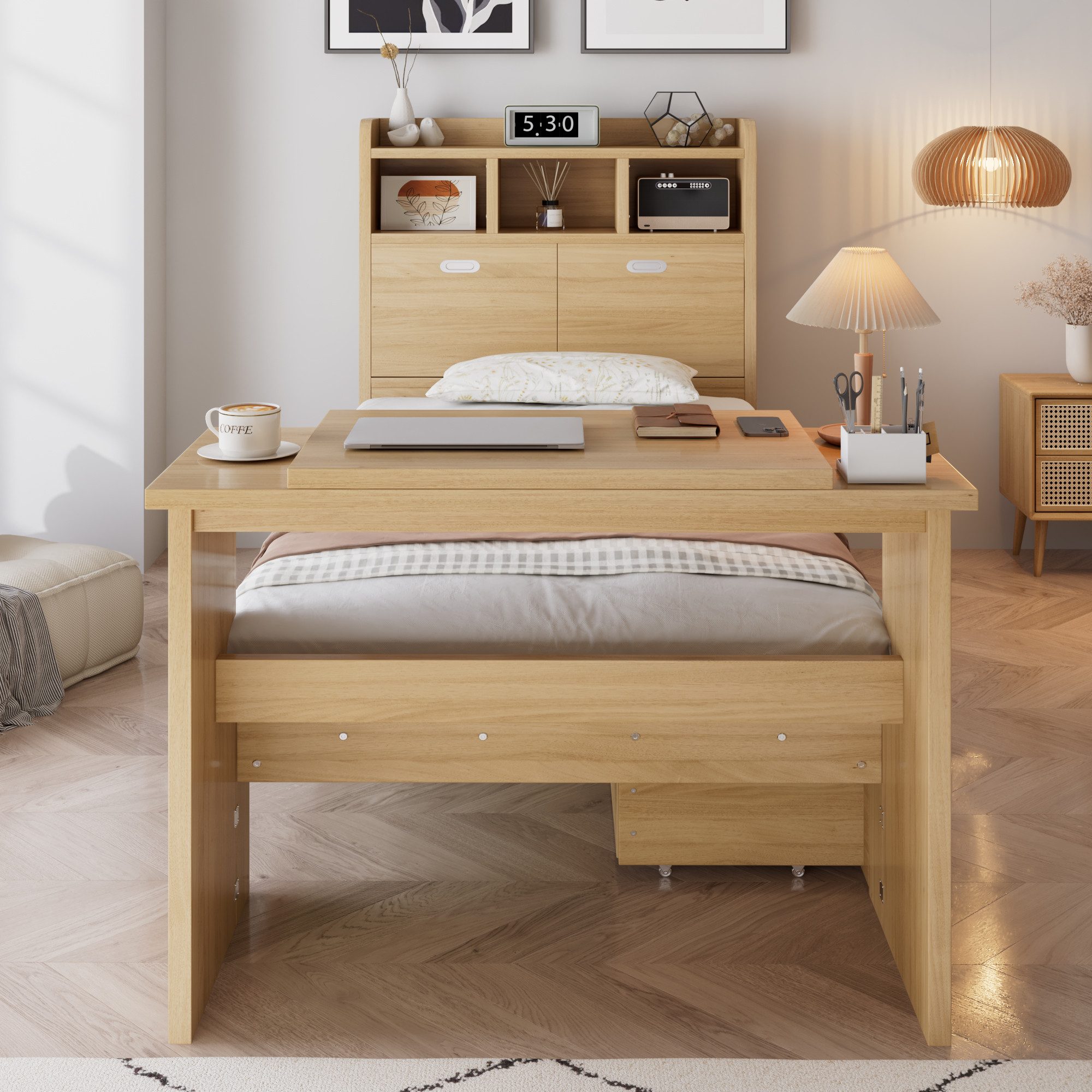 Flieks Holzbett, Kinderbett 90x200cm mit Stauraum, Schublade, verstellbarem Klapptisch