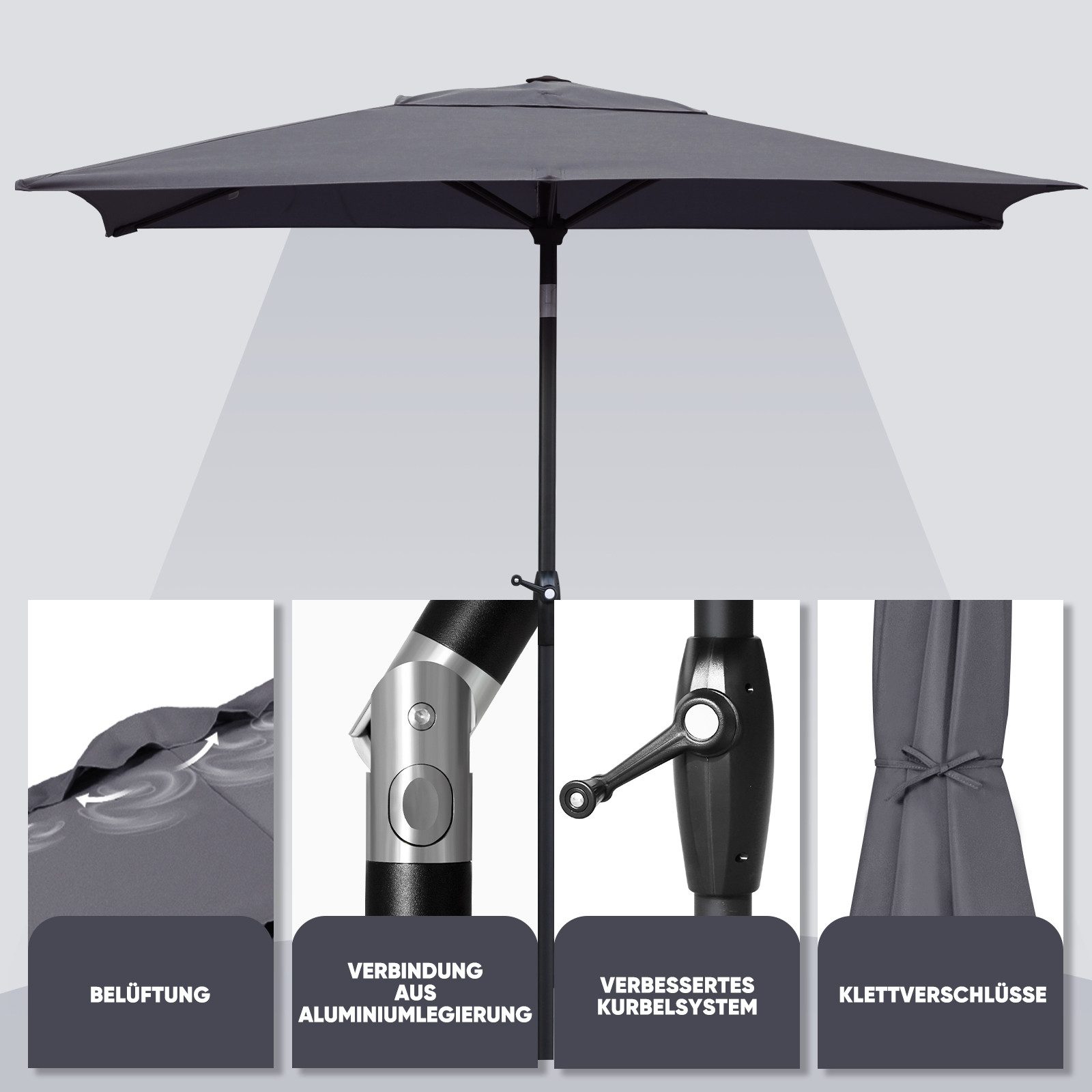 Sekey Sonnenschirm 210 x 140 cm Aluminum Sonnenschirm Rechteckig Marktschirm mit Kurbel, LxB: 210,00x140,00 cm, mit/ohne LED-Lichtern, Sonnenschutz UV50+, Garte – Bild 5 von 5