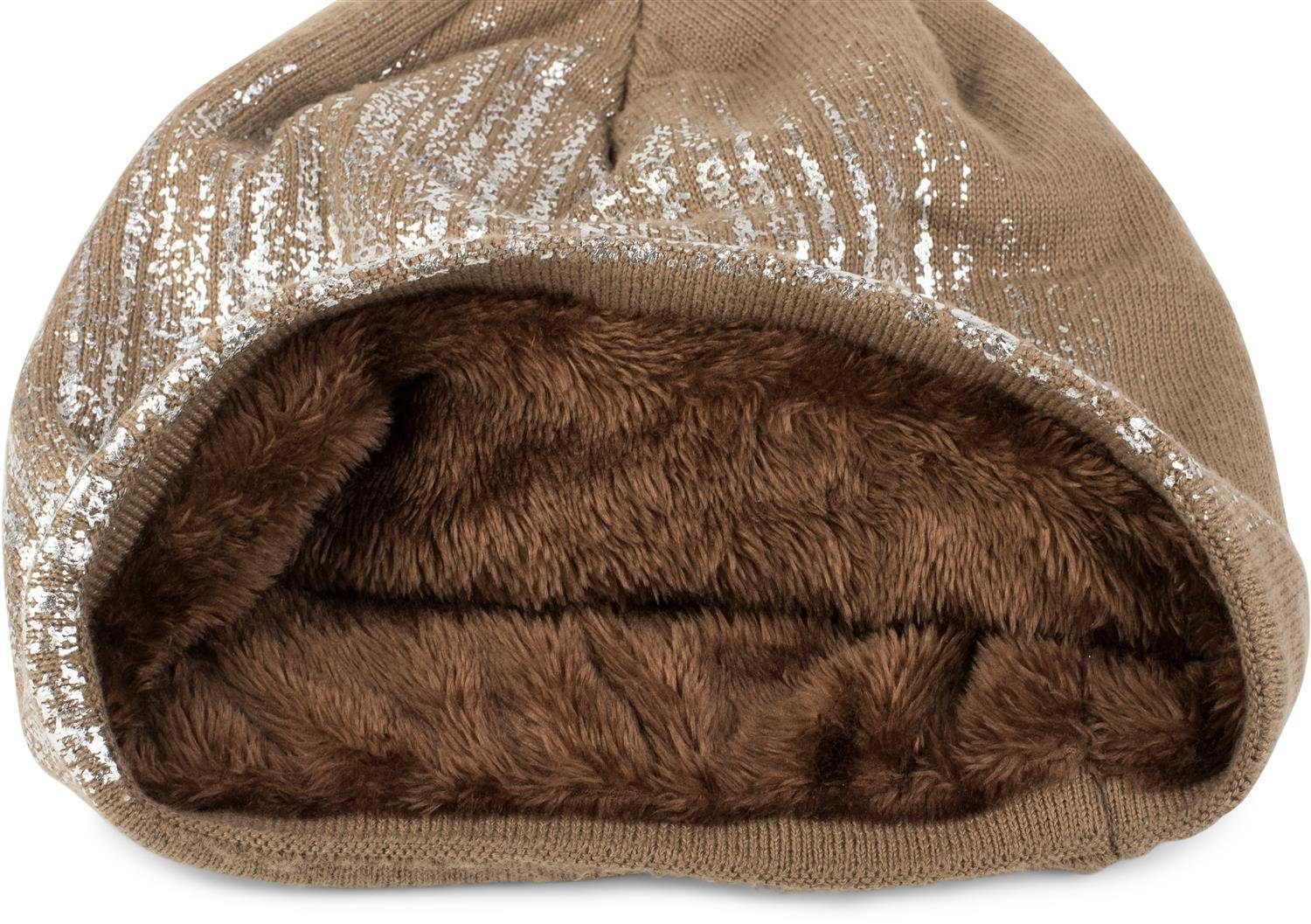 styleBREAKER Strickmütze Feinstrick Beanie mit Metallic Print (1-St)