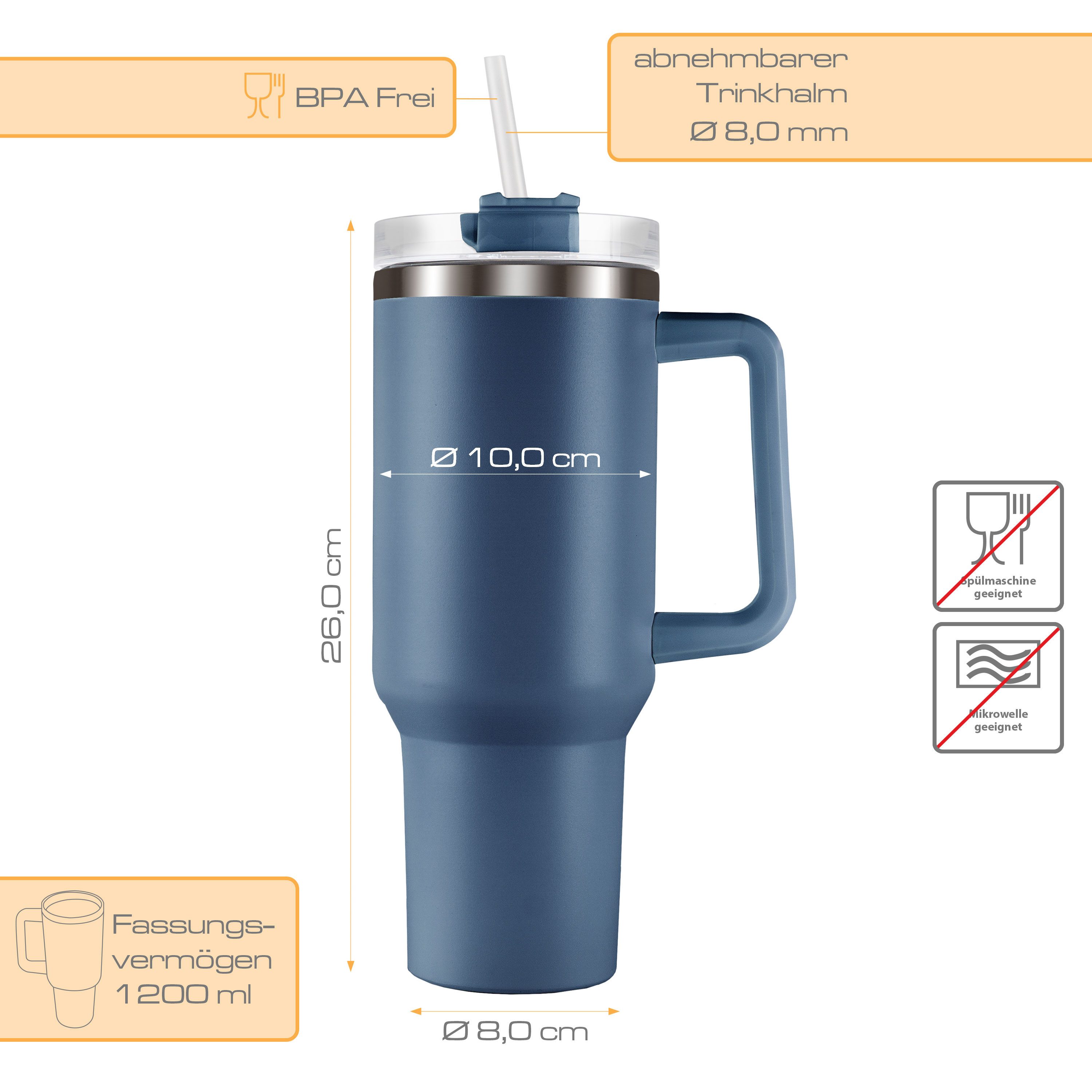 Roomando Thermobecher Becher mit Henkel Strohhalm Edelstahl Autobecher Kaffeebecher blau