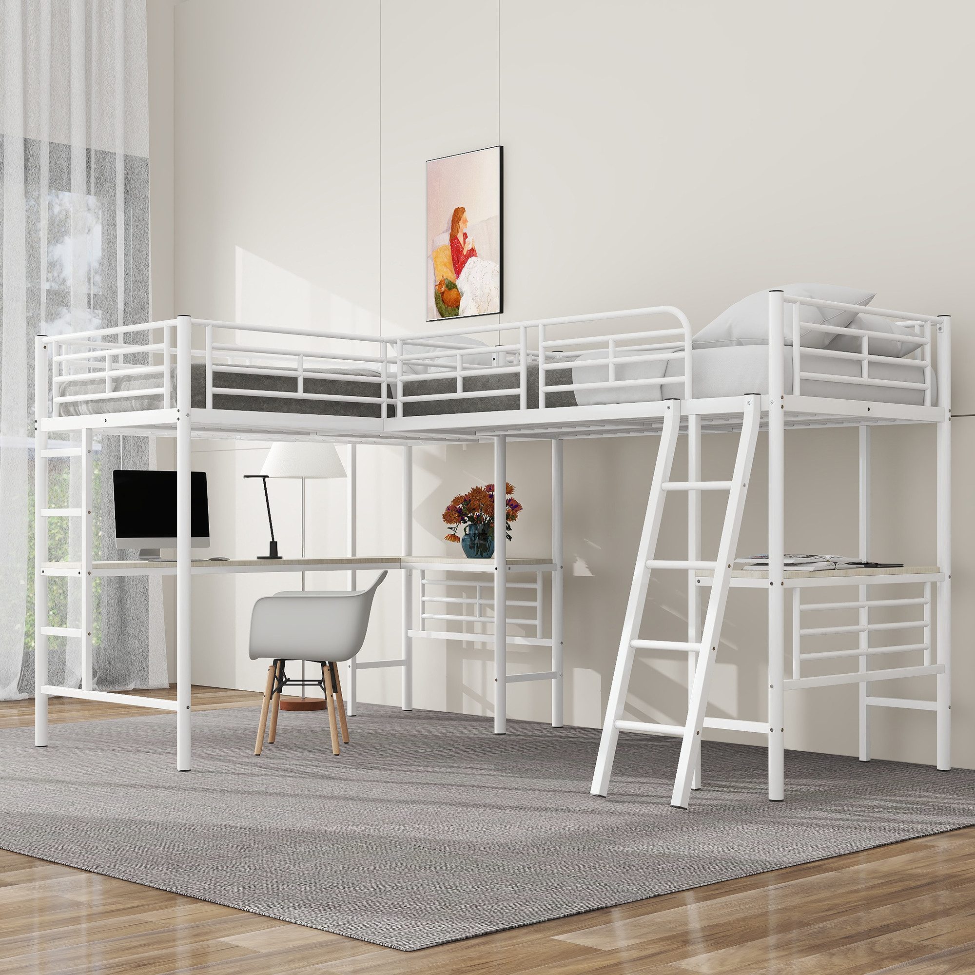 NMonet Hochbett Kinderbett Metallbett (Set) Zwei Etagenbetten, mit 2 Liegefläche und Schreibtisch, 90x200cm