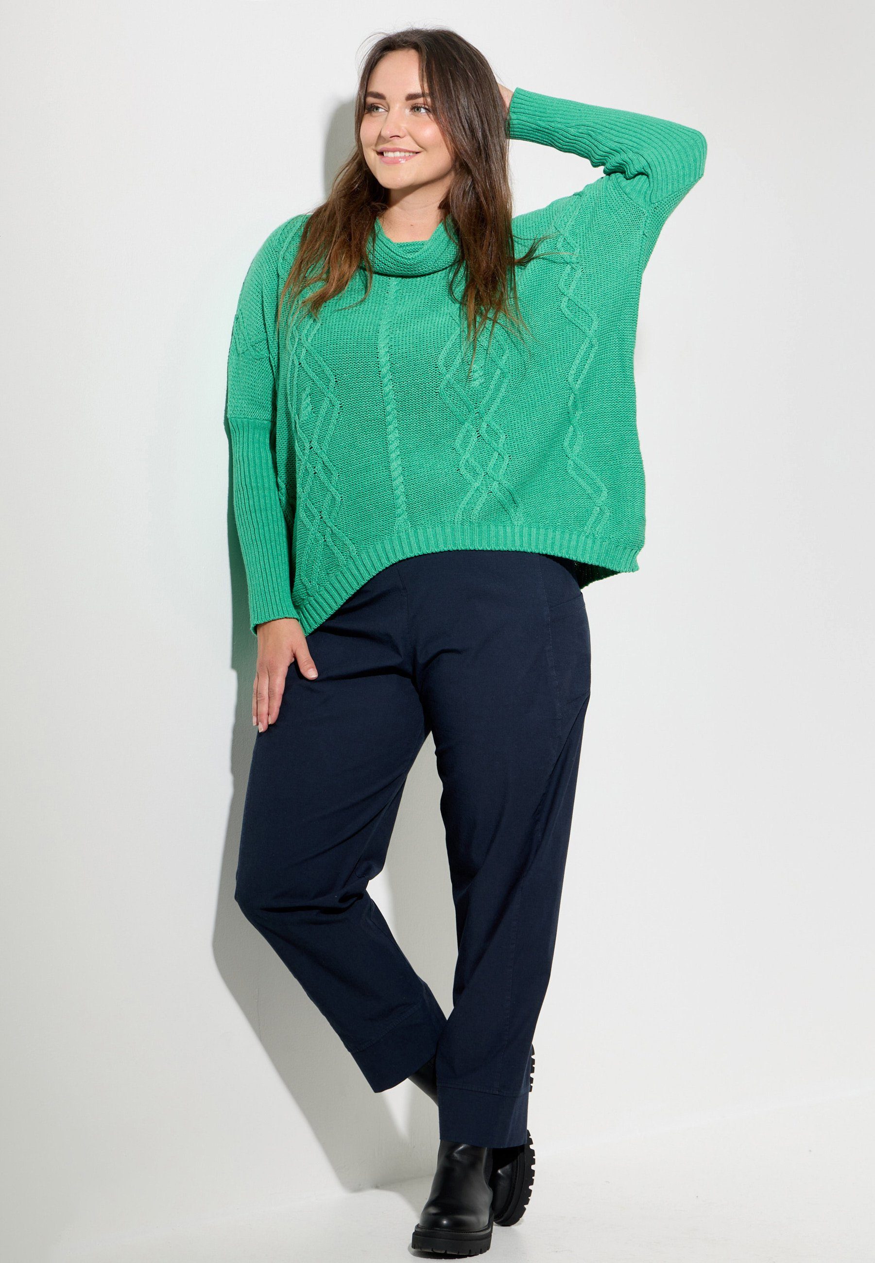 Kekoo Strickpullover aus Smaragd Baumwolle Schalkragen 100% 'Pure' Poncho-Shirt Strick mit
