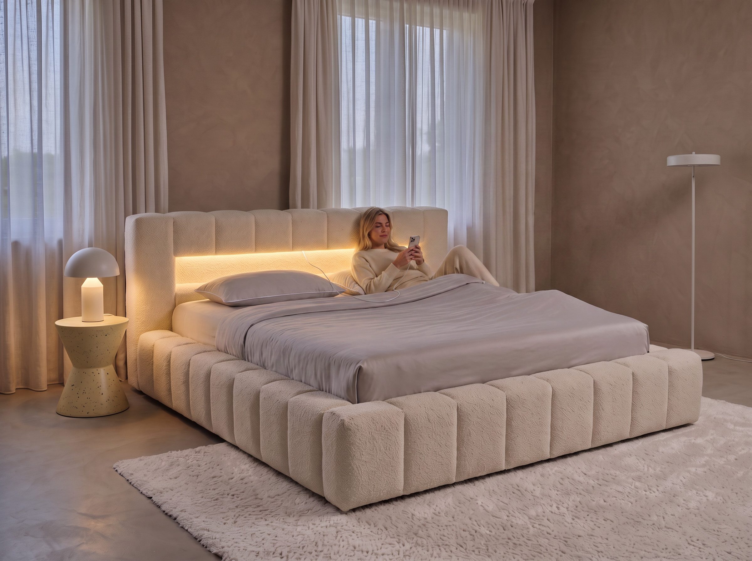 wonello Polsterbett Mira Lights (Komplett-Set), Bett mit LED, Bettkasten und Matratzen – eleganter Boucle-Stoff