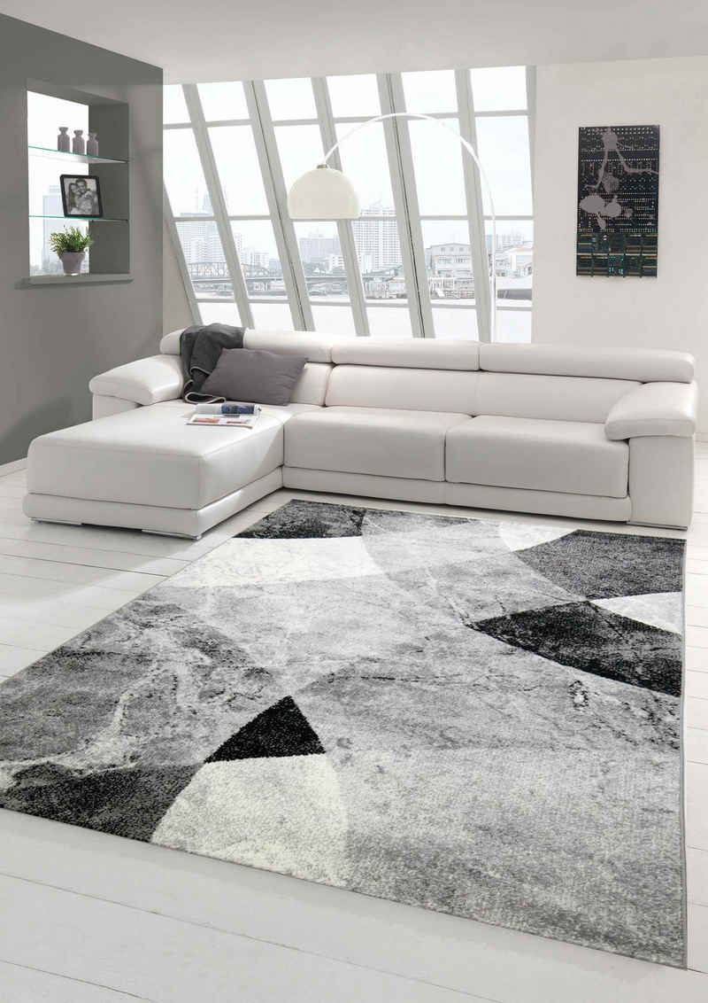 Teppich »Moderner Wohnzimmer Teppich abstraktes Wellen Rauten Design marmoriert in schwarz grau - pflegeleicht«, Teppich-Traum, rechteckig, Höhe 8 mm