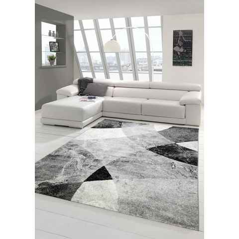 Teppich Moderner Wohnzimmer Teppich abstraktes Wellen Rauten Design marmoriert in schwarz grau - pflegeleicht, Teppich-Traum, rechteckig, Höhe: 8 mm