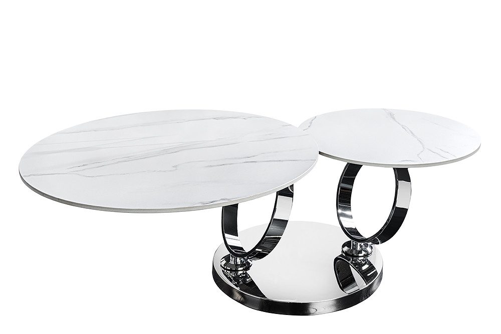 riess-ambiente Couchtisch DANCING RINGS weiß / chrom · runder Keramik-Beistelltisch mit 2 Ebenen (Einzelartikel, 1-St), Wohnzimmer · 2 Tischplatten · Marmor-Design · Metall · drehbar