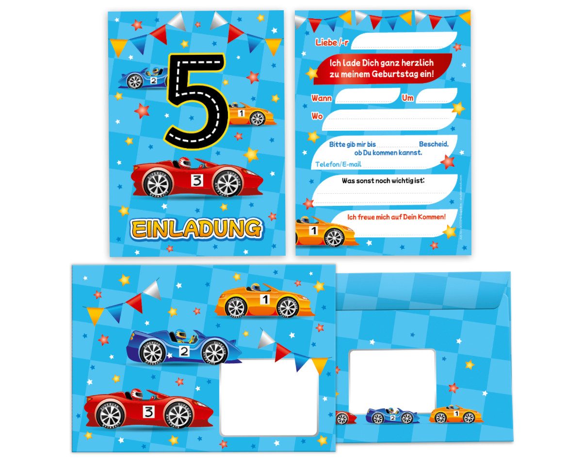 JUNAPACK Einladungskarten Auto zum 5. Kindergeburtstag Jungen Einladungen Rennauto Umschläge, Einladungskarten mit Umschlägen zum 5. Geburtstag Auto