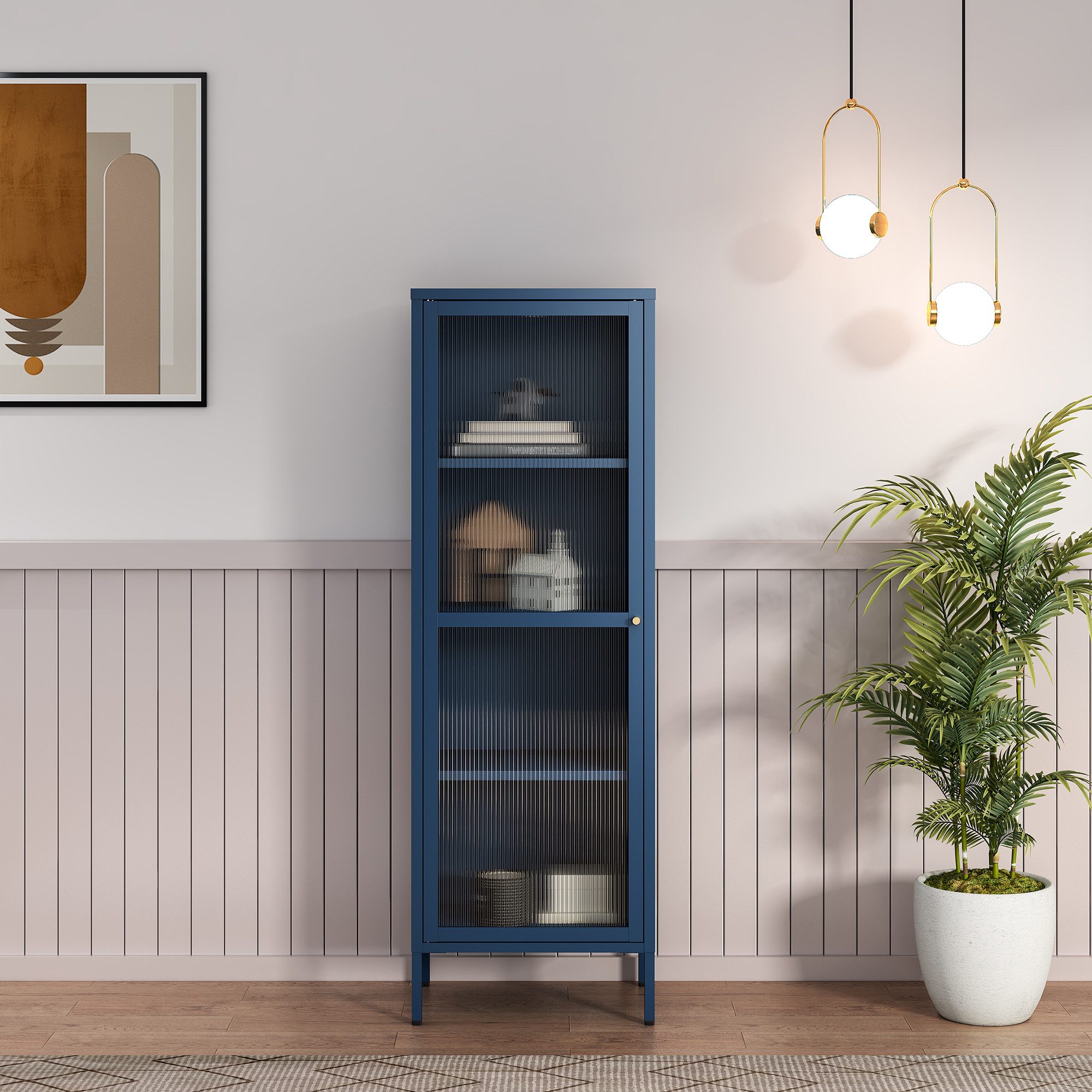 en.casa Vitrine »Säkylä« mit 1 Tür Stahl 150 x 50 x 35 cm Navyblau