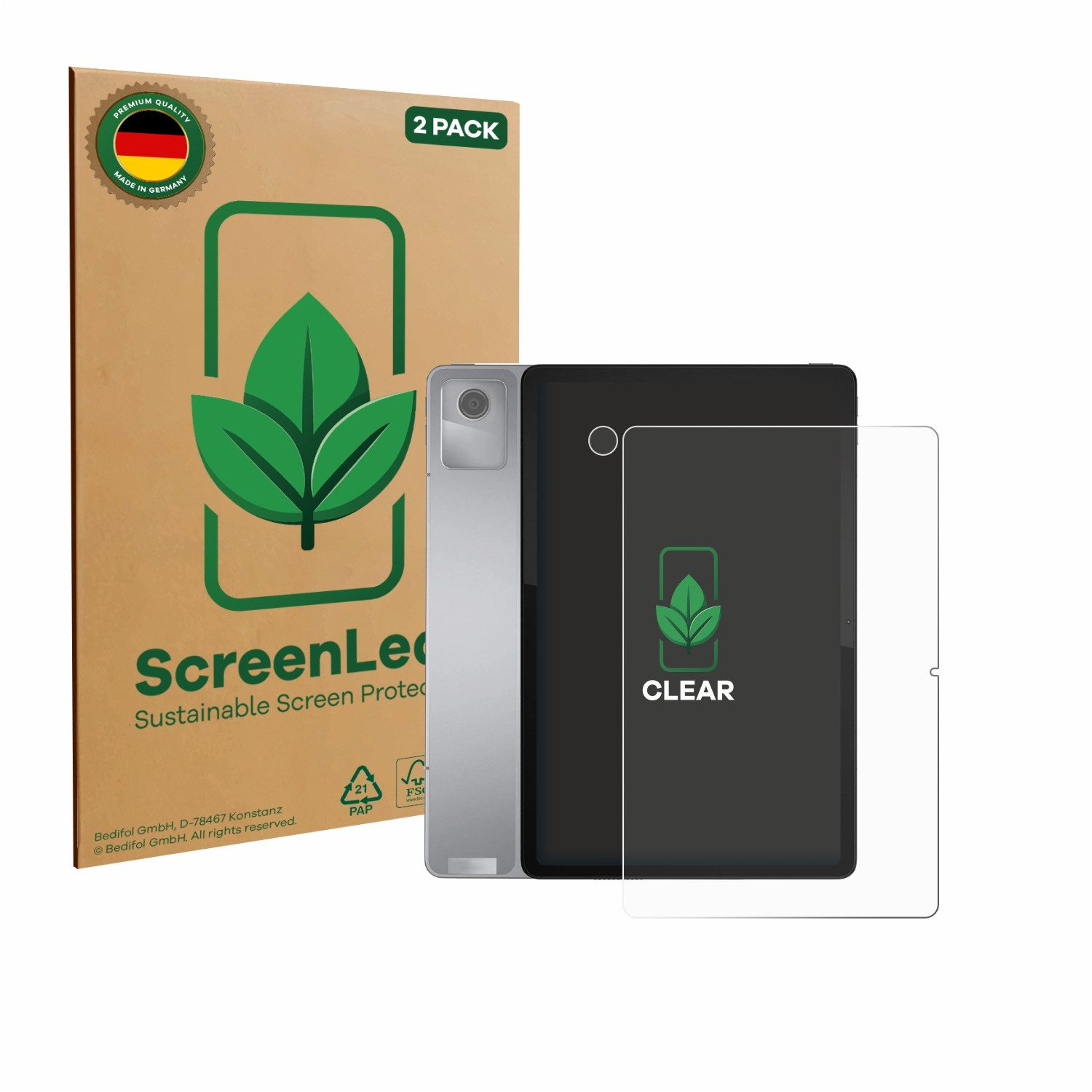 ScreenLeaf Displayschutzfolie Schutzfolie für Lenovo Tab M11 (Display+Kamera), 2 Stück, nachhaltiger Displayschutz Schutz Folie Klar Transparent