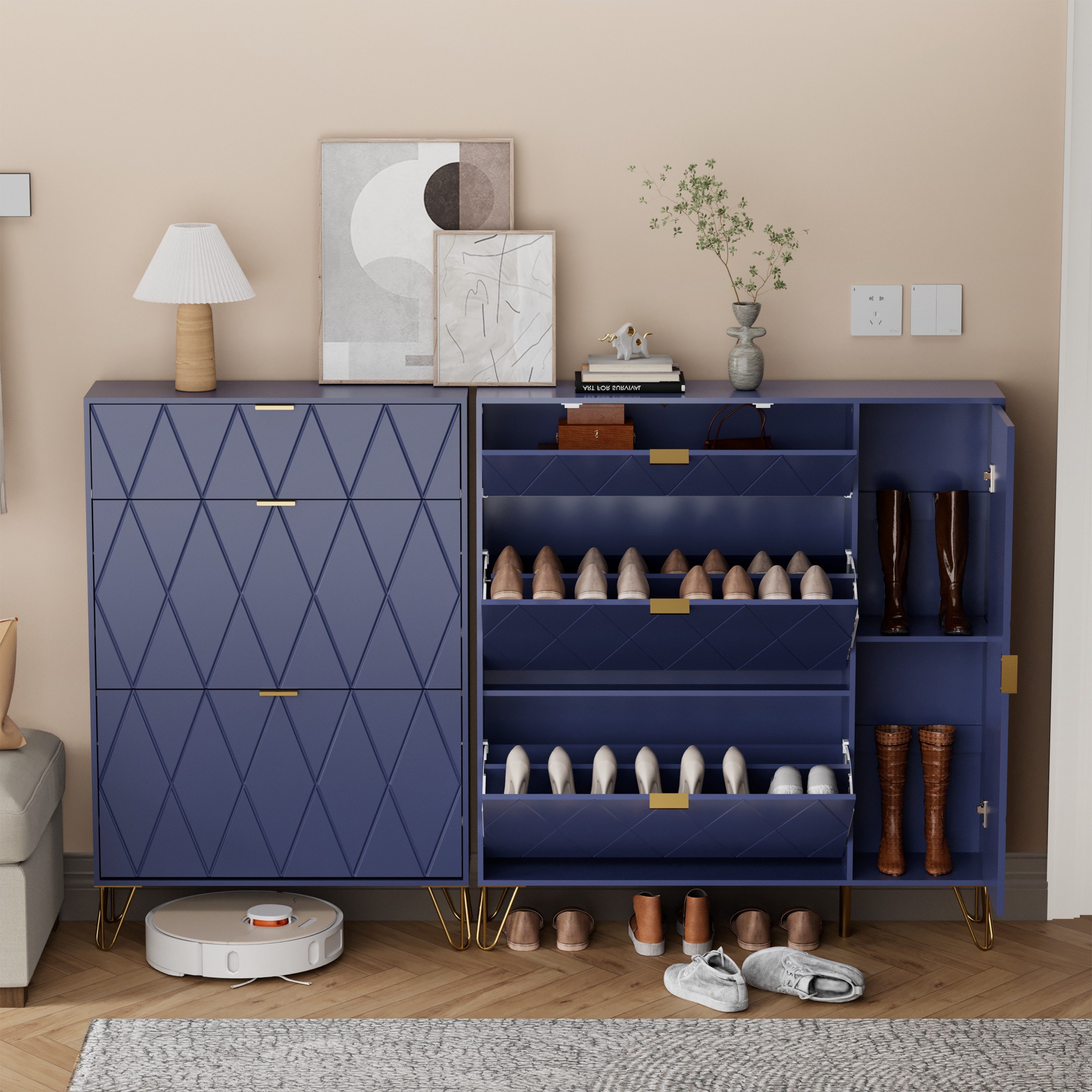 UEV Schuhschrank mit 4 Klappen schmal Schuhkipper Schuhregal (105x24x120cm) verstellbare und herausnehmbare Trennwände für verschiedene Schuhtypen – Bild 5 von 5