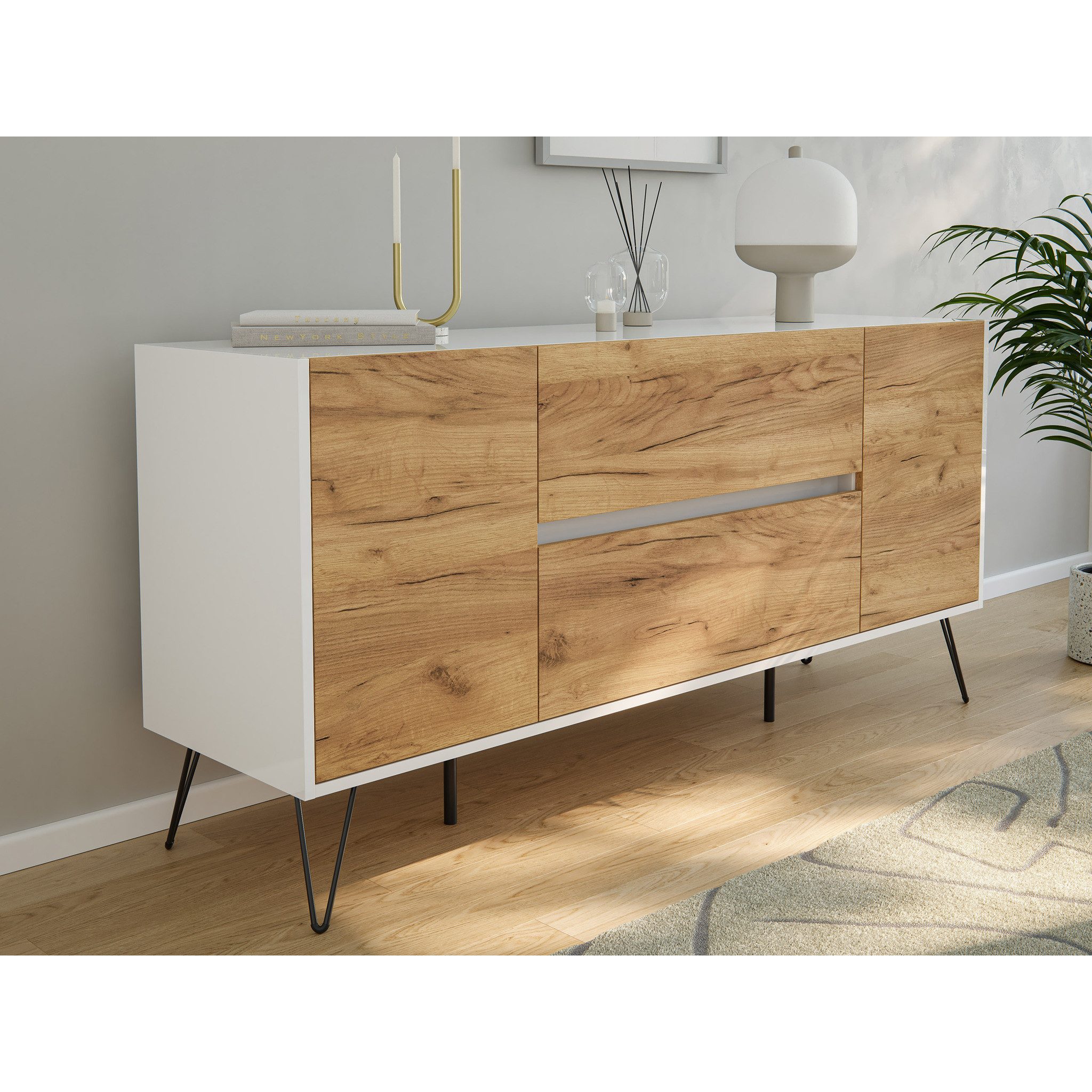 Posseik Sideboard Posseik Sideboard Industrial G 155 cm Weiß/Eiche Front