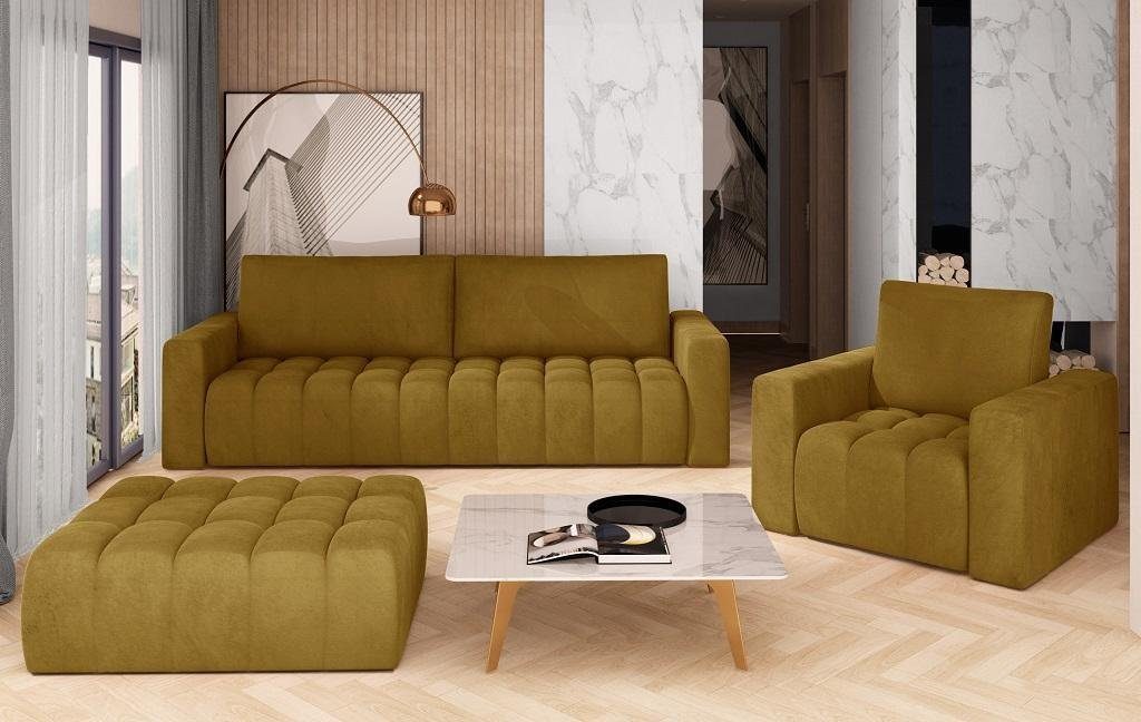 JVmoebel Wohnzimmer-Set Sofagarnitur 3+1 Sitzer Hocker Garnituren Samt Stoff 3tlg Wohnzimmer gelb