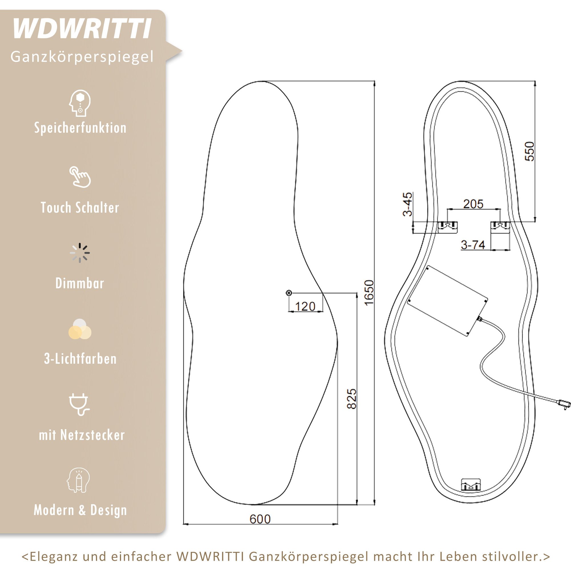 WDWRITTI Dekospiegel Rahmenlos Ganzkörperspiegel mit Beleuchtung groß 165x6 günstig online kaufen