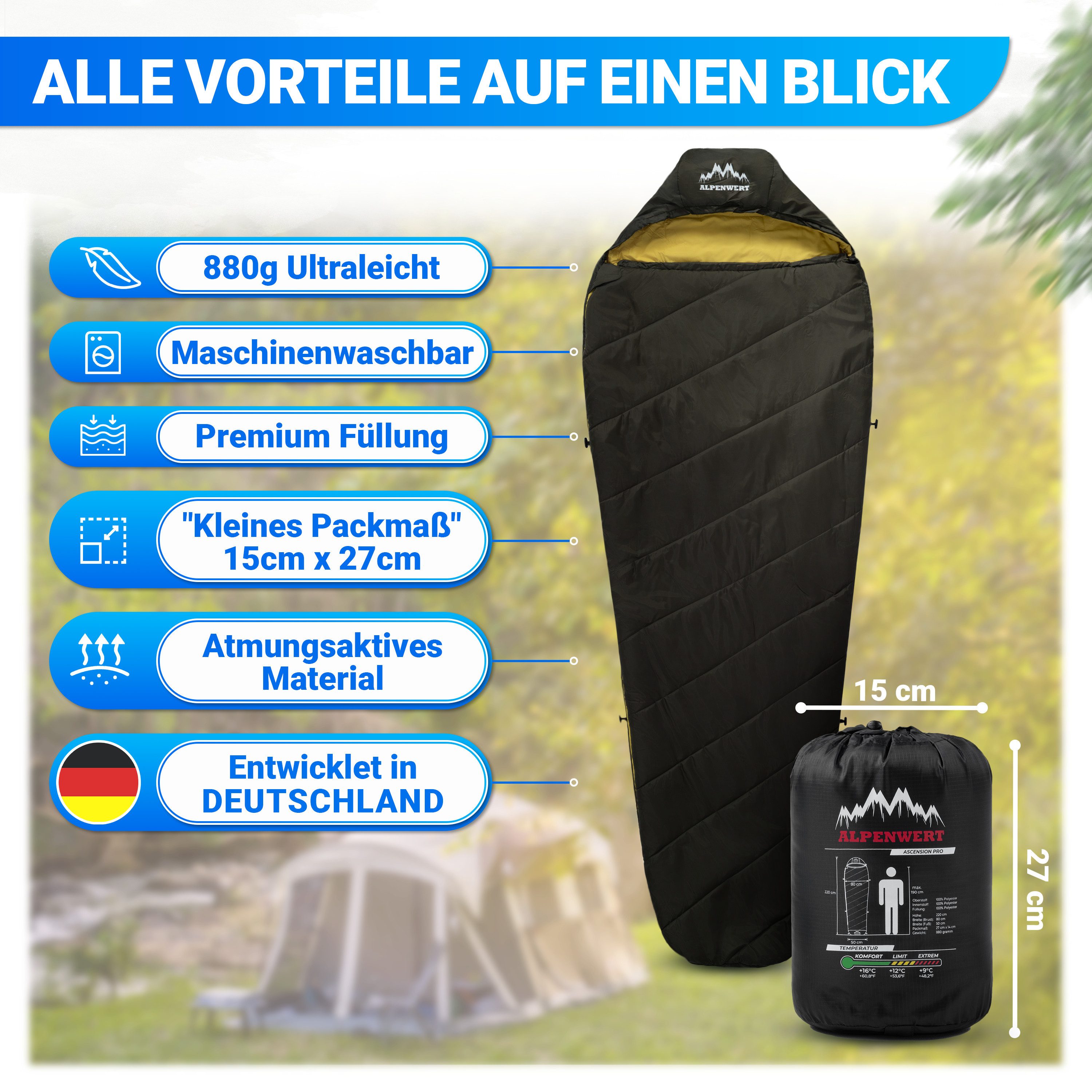 Alpenwert Mumienschlafsack Ultraleicht & kompakt, wasserabweisend, atmungsa günstig online kaufen