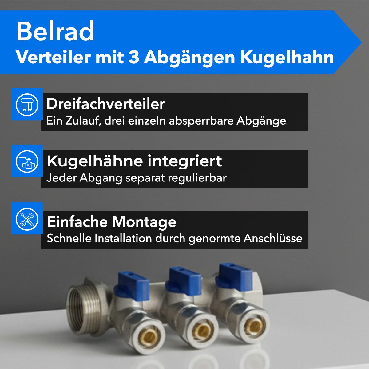 Belrad Gewindefitting Heizkreisverteiler für Heizungen BLR408, 3 Abgänge mit Kugelhahn, (einzel, 1-tlg), Eurokonus 1/2" 16 mm, 1" AG/IG, vernickeltes Messing, 35 mm Abstand