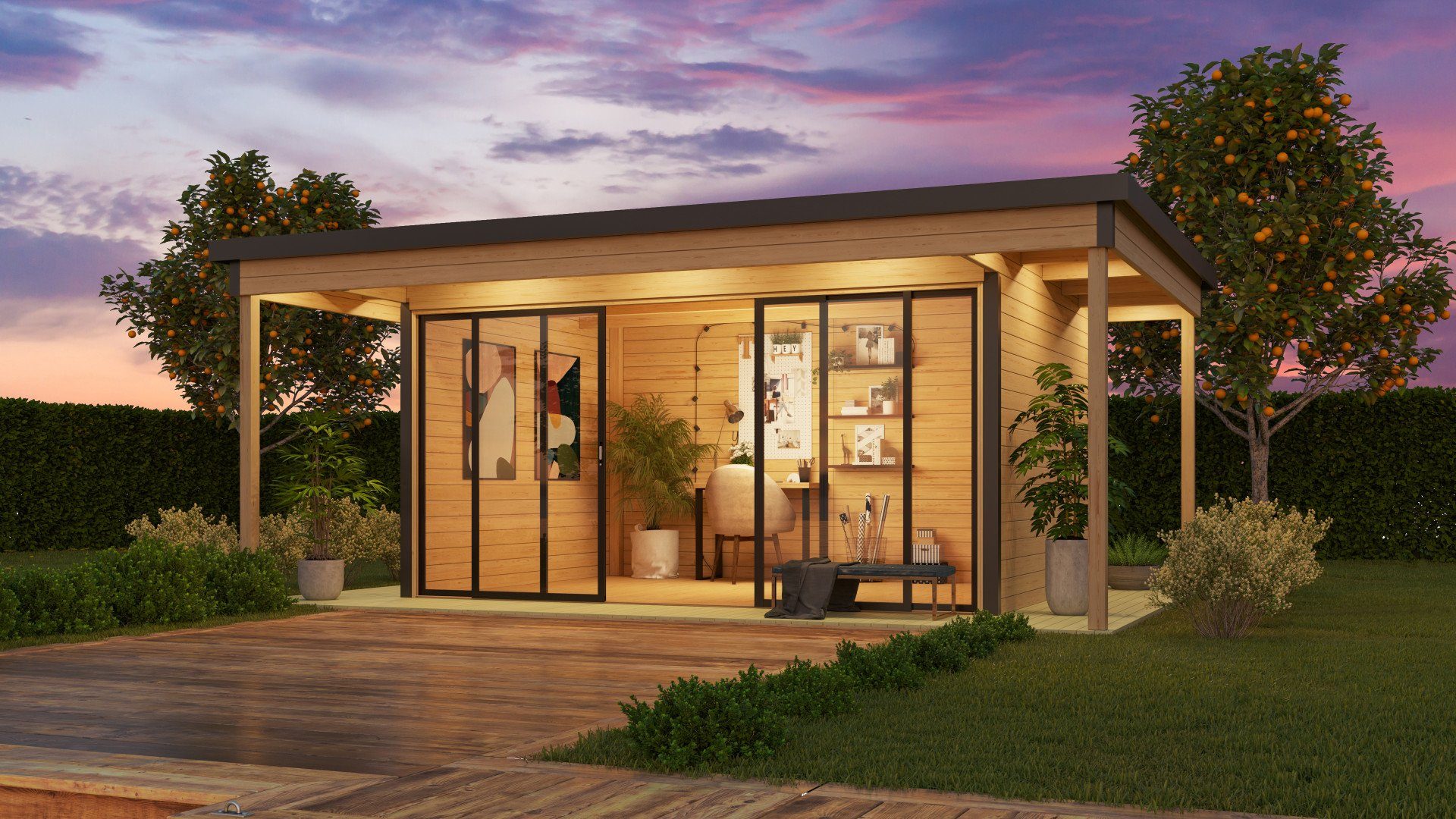 LASITA MAJA Gartenhaus Flachdach 6x4m Holz Domeo 4 Loggia, BxT: 578x402 cm, mit Premium Dachbahn selbstklebend