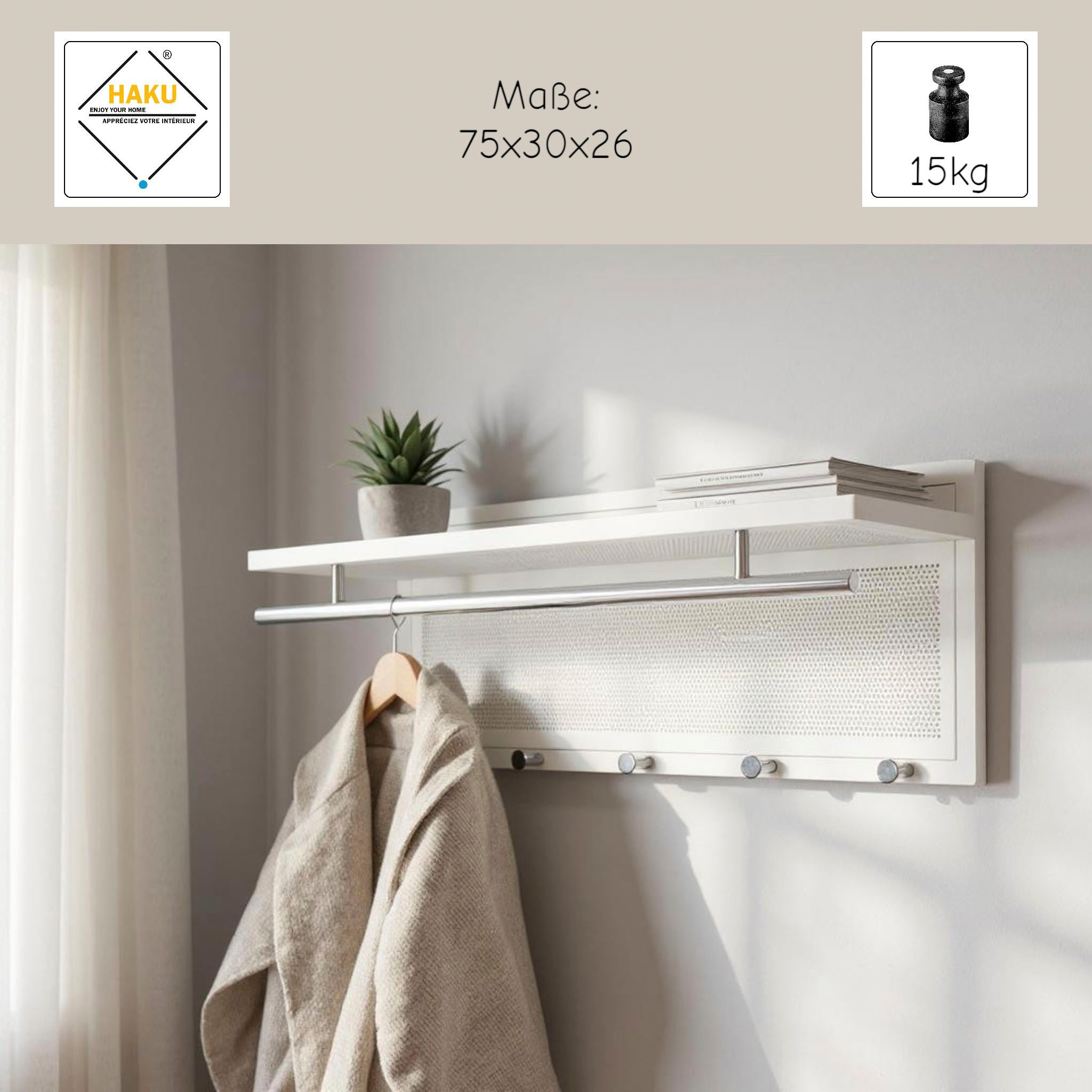 HAKU Wandgarderobe (1 St), rechteckig- aus Textil Grau - B/T/H 60/50/173 cm