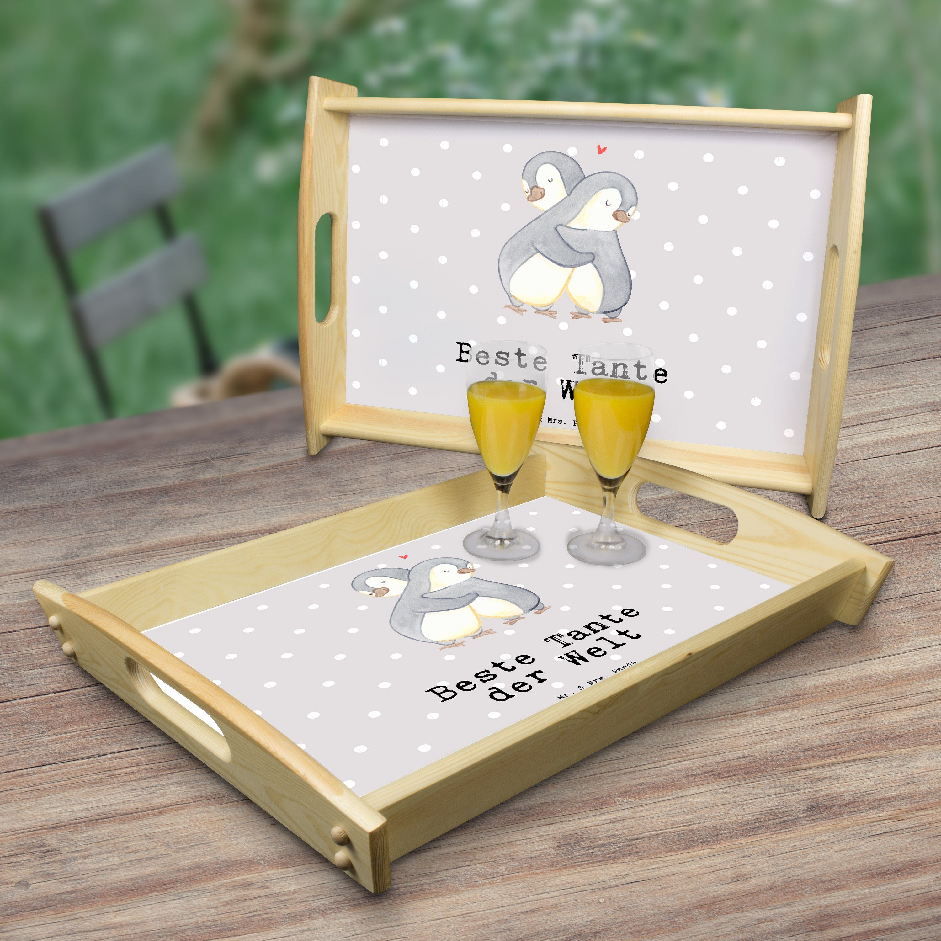 Mr. & Mrs. Panda Echtholz Beste Tante Pinguin - (1-tlg) Grau Geschenk, Welt - der Pastell Tablett Frühstückstab, lasiert