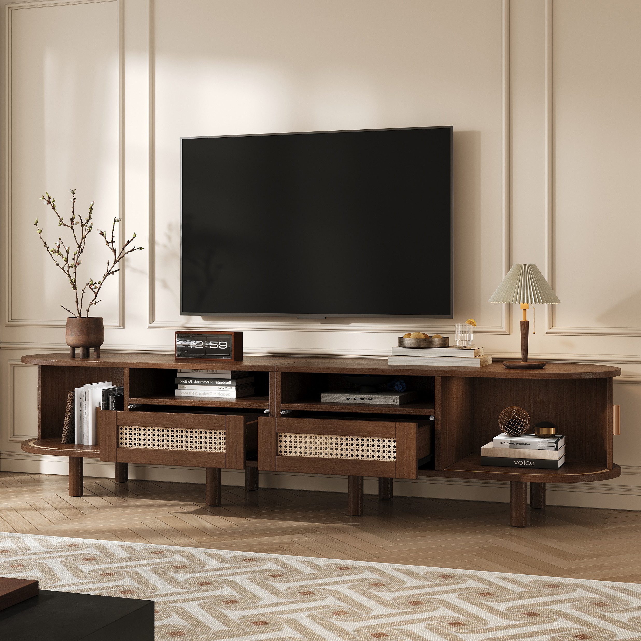 MODFU Lowboard Lowboard (TV-Board und TV-Kommode, 1 St., mit 2 Rattan Design Schubladen,2 Schiebetür), Fernsehtisch bis zu 70 Zoll