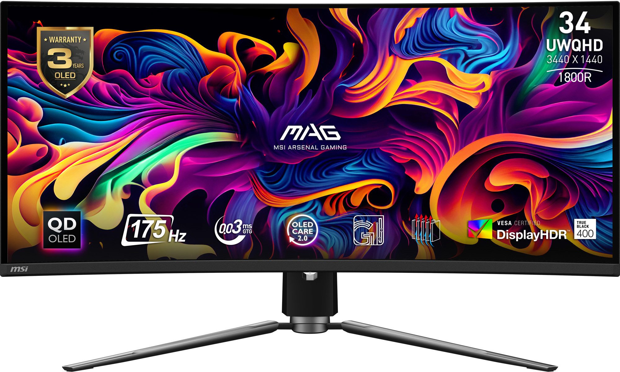 MSI MAG 341CQPDE QD-OLED TFT-Monitor (3440 x 1440 px, UltraWide Quad HD, 0,03 ms Reaktionszeit, 175 Hz, OLED, HDR, Kopfhörerbuchse, Höhenverstellbar)