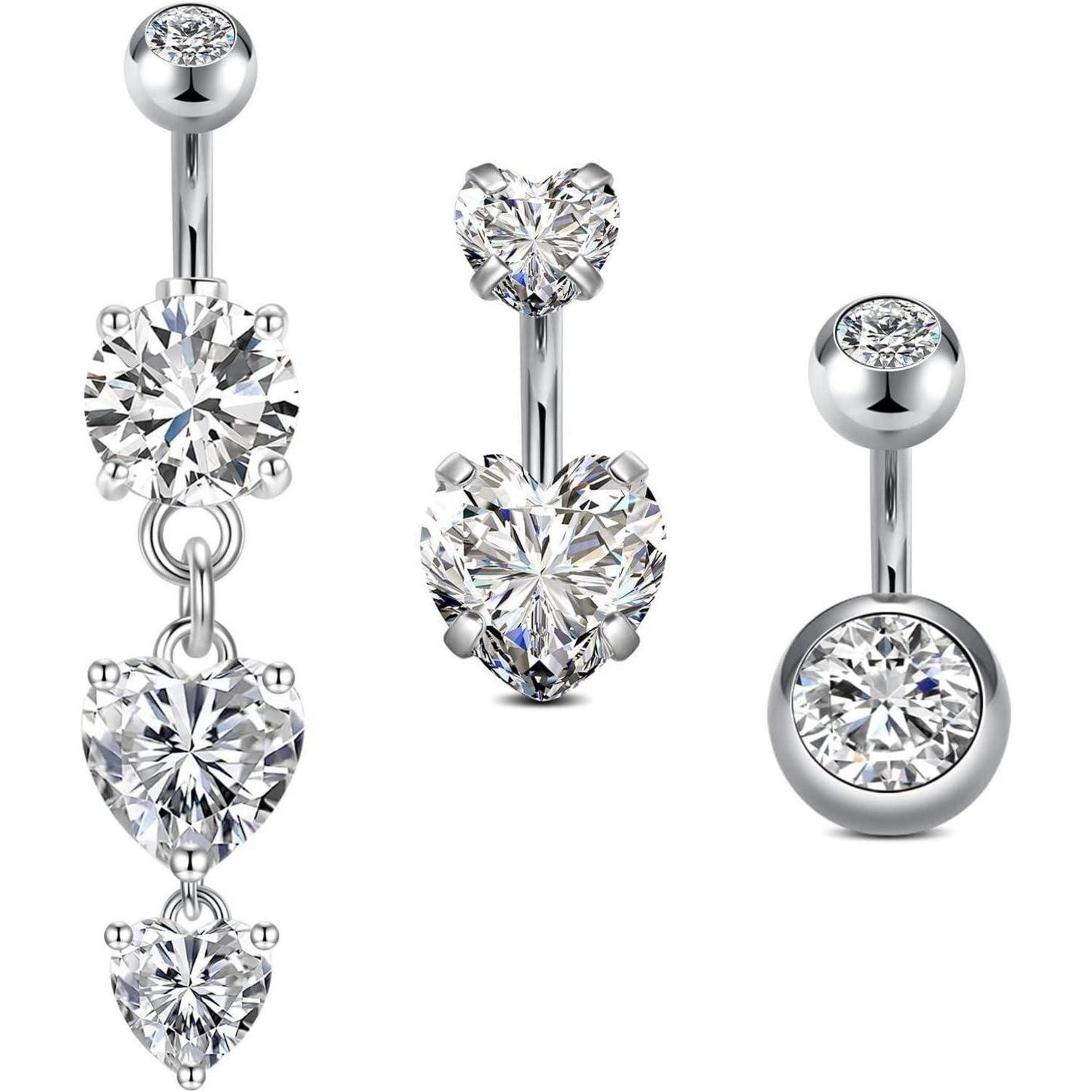 vcmart Bauchnabelpiercing-Set 3er Set Bauchnabelpiercing 14G Chirurgenstahl 6mm Silber Zirkonia