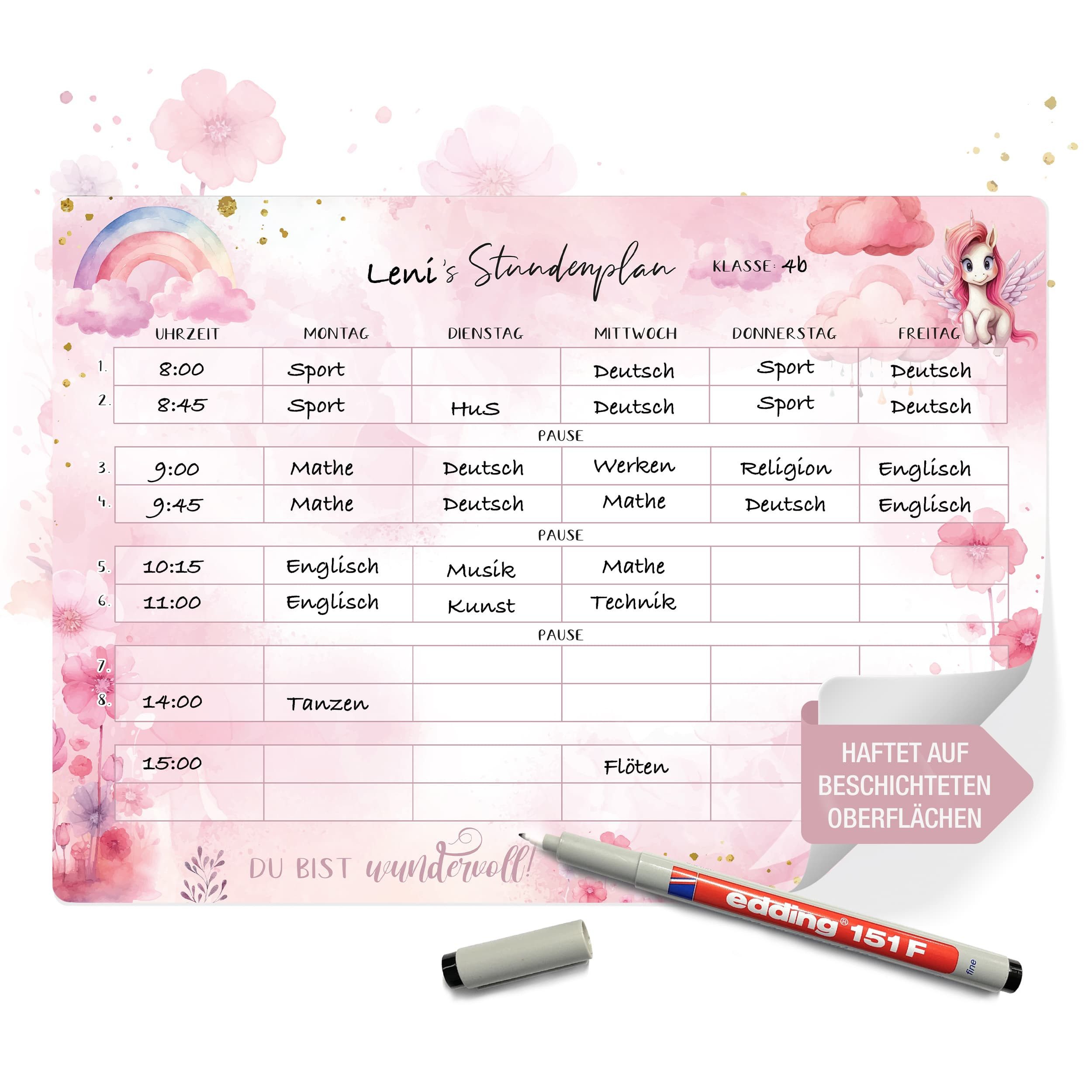 TOBJA Wandtafel Stundenplan Unicorn Einhorn - inkl. Stift, wiederablösbar, Mädchen Rosa Grundschule Wochenplaner Schule