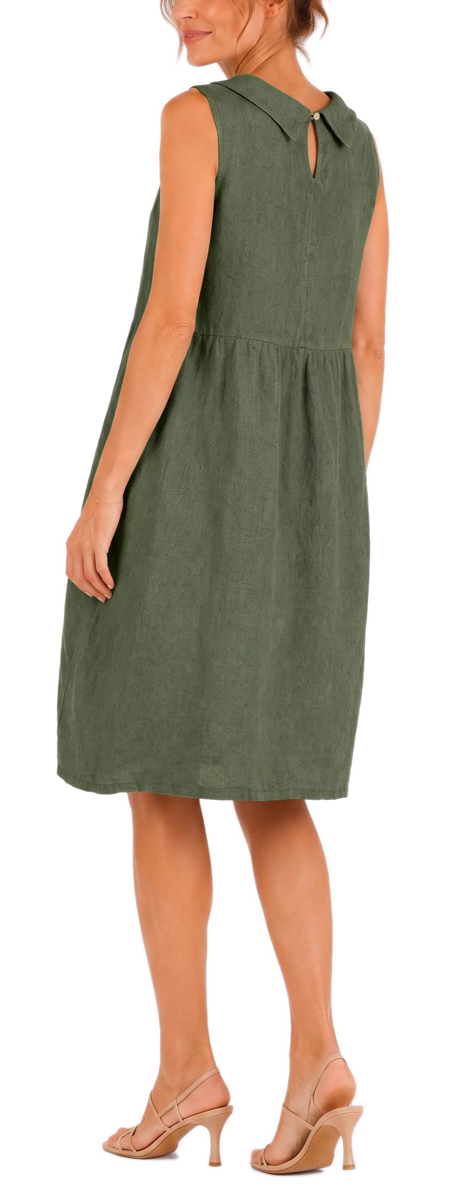 dy_mode Midikleid Damen Leinenkleid Luftiges Midi Sommerkleid Ballonkleid Strandkleid in Unifarbe, Wasserfallkragen, mit seitlichen Eingriffstaschen