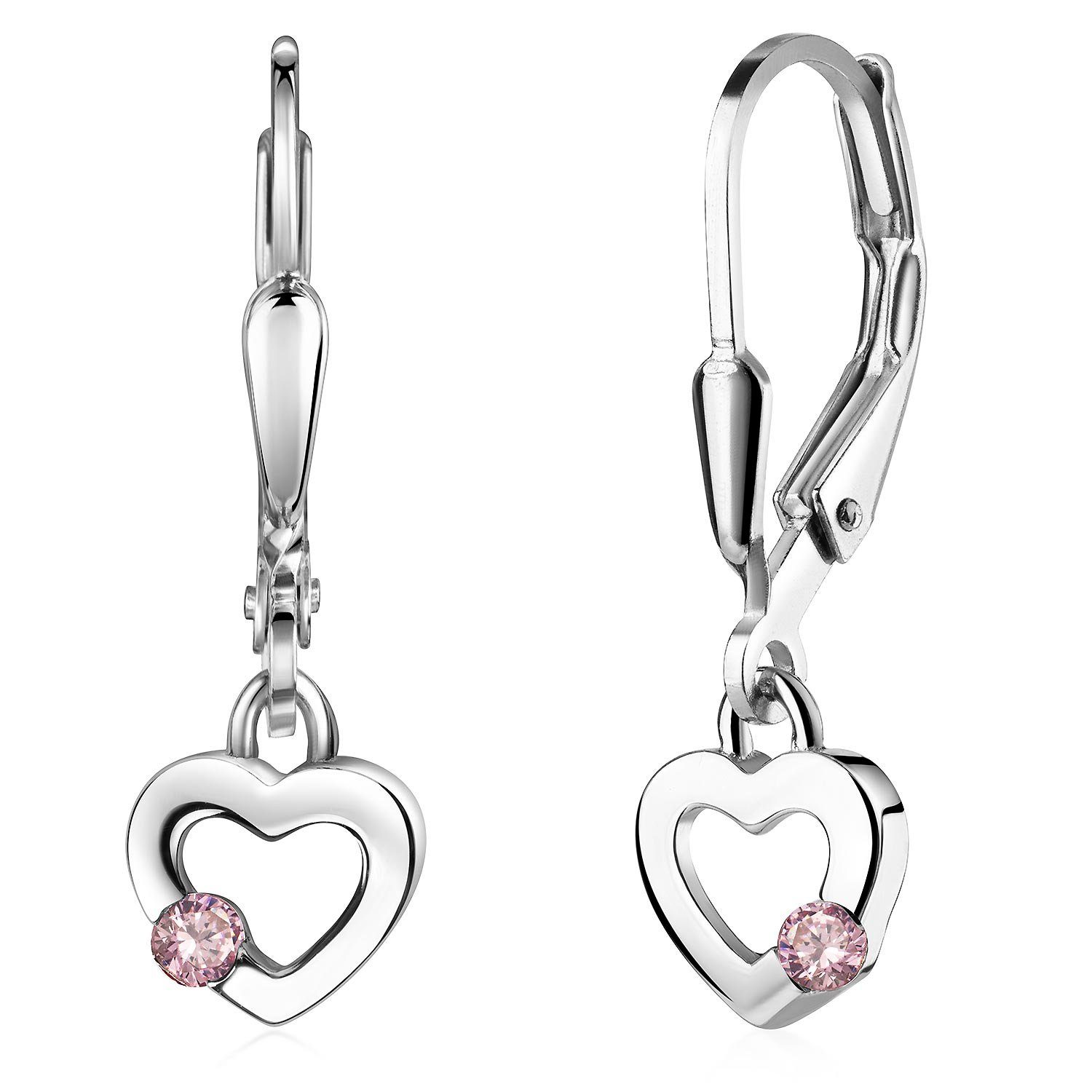 Materia Paar Ohrhänger Kinderohrringe Mädchen Herz Zirkonia Rosa SO-493, 925 Sterling Silber, rhodiniert