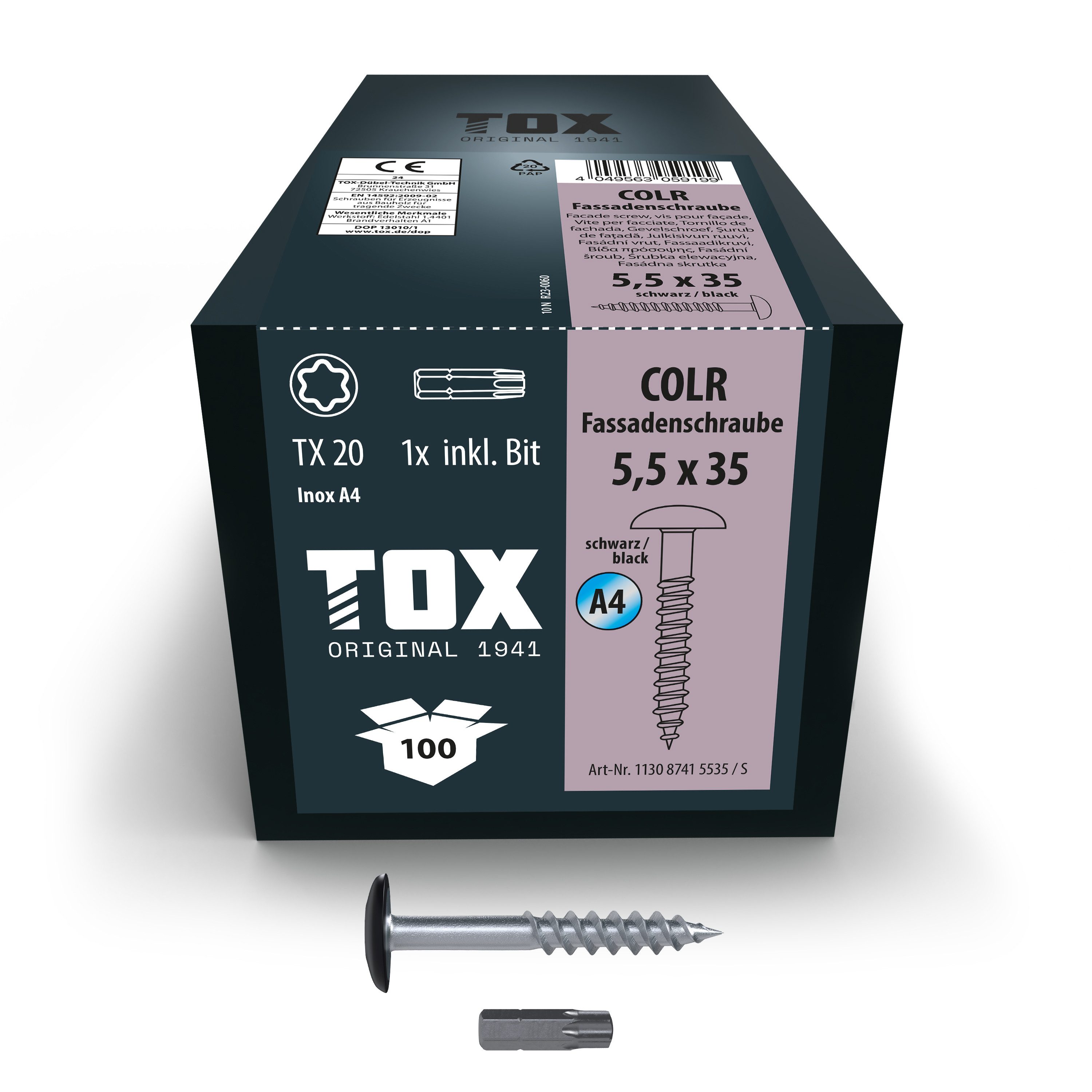 TOX-DÜBEL-TECHNIK Fassadenschraube TOX Fassadenschraube A4 (schwarz RAL9005) TX20 5,5 x 35 (100 Stk)
