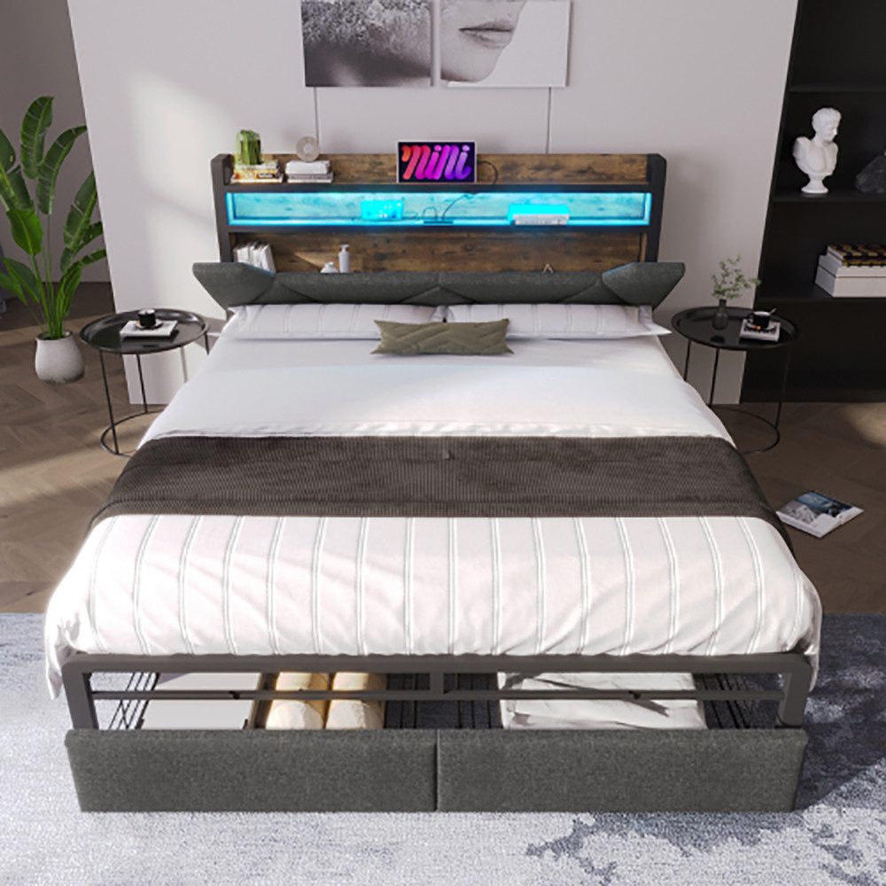 Polsterbett (140x200cm Stauraumbett mit Lattenrost, Schubladen und LED-Beleuchtung), Ladefunktion Stauraum-Kopfteil, Doppelbett aus Stahlrahmen, Leinen