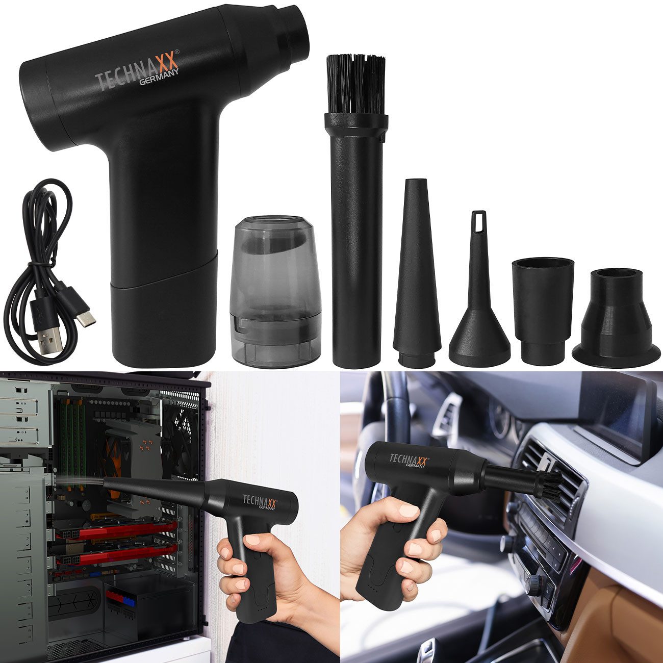 Technaxx Akku-Handstaubsauger Akku Staubgebläse 6,5kPa & Sauger 160W, 120 Min, 130k U/min, 5 Düsen, kein, 2in1 Akku-Gebläse & Staubsauger mit stufenloser Regulierung
