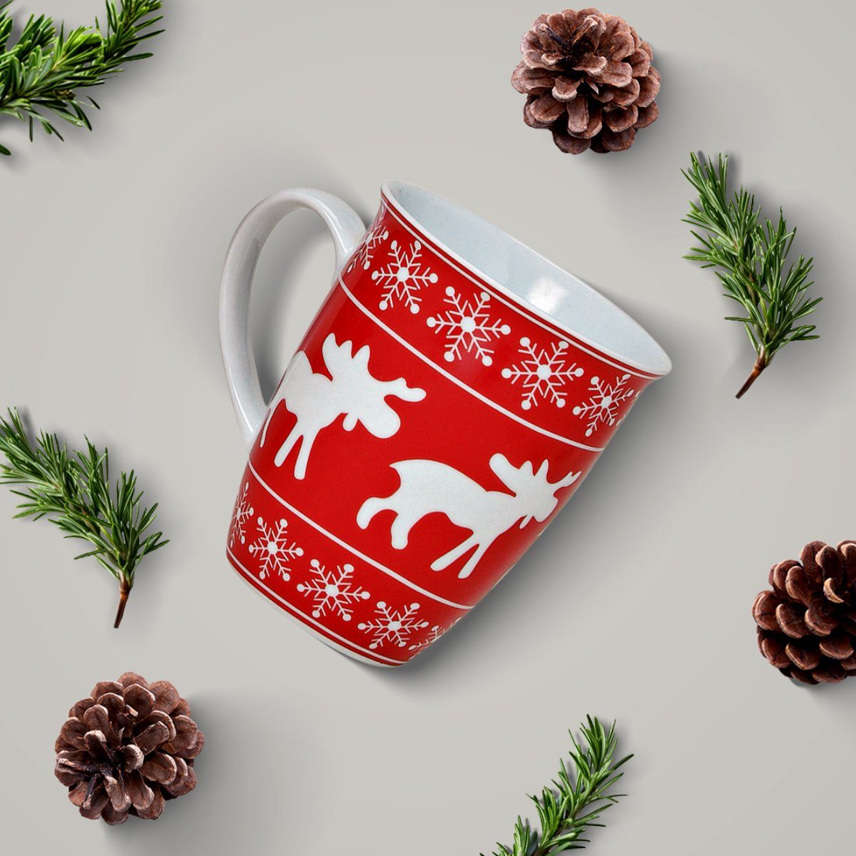 matches21 HOME & HOBBY Tasse Weihnachtstassen 36er Set Skandi Elche gestreift Kaffeetassen, 36-tlg., Porzellan, Tee Kaffee-Becher Weihnachten modern rot weiss 250 ml