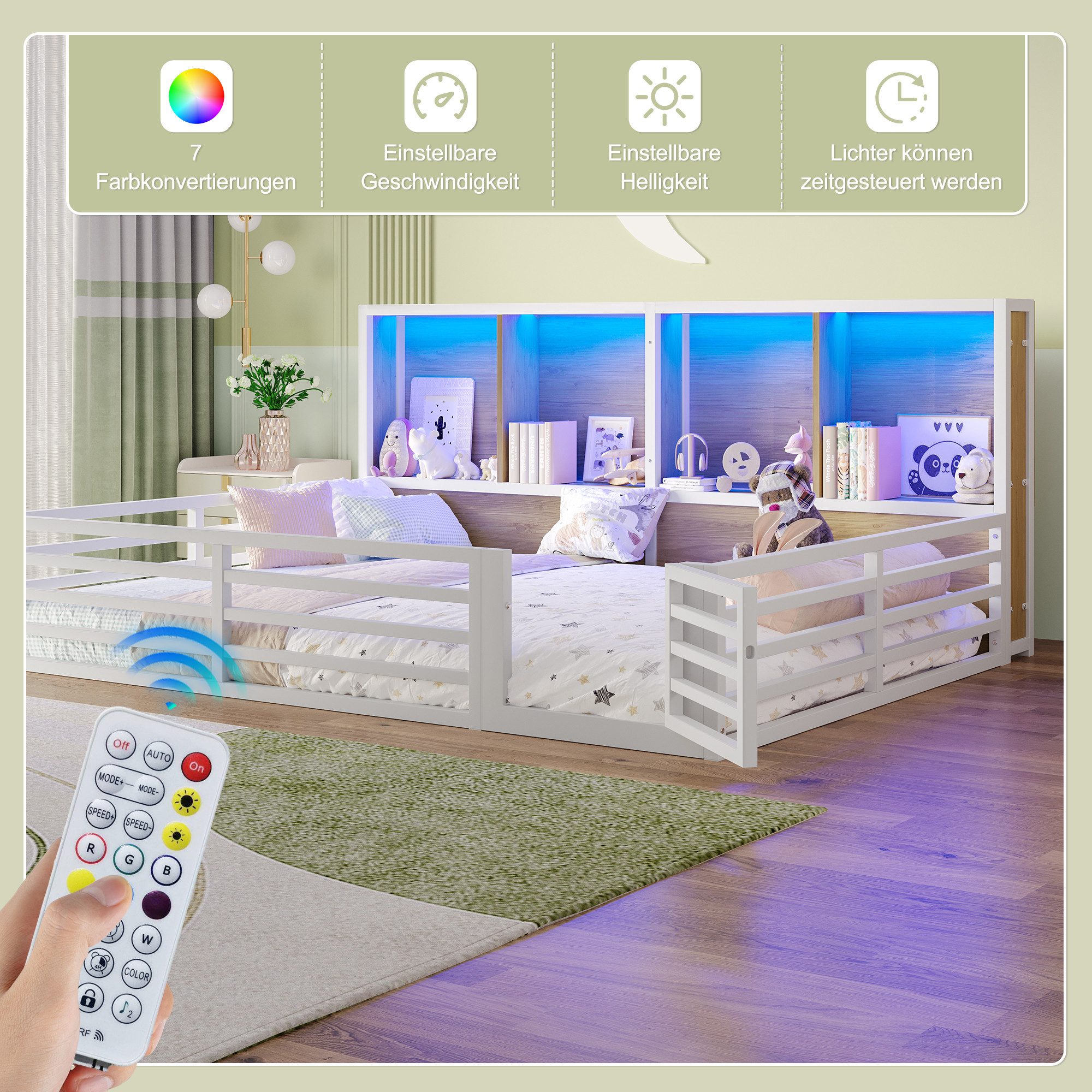 Merax Kinderbett (Plattformbett aus Metallrahmen und MDF, 1-tlg., Daybed für Kinder & Jugendzimmer), Metall Zaunbett 140x200cm mit LED Ablagefächer Geländer Lat – Bild 5 von 5