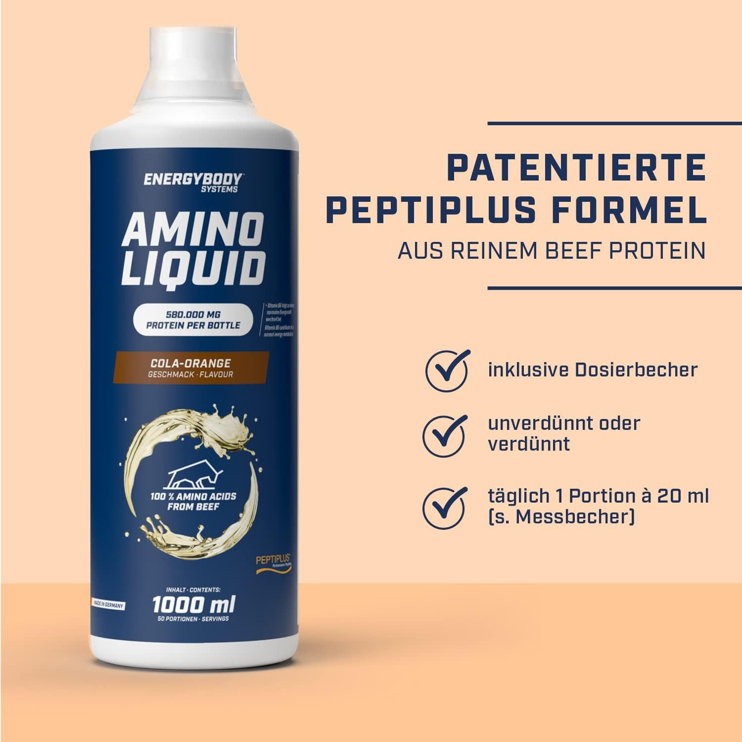 Energybody Systems Amino Liquid, flüssige Aminosäuren aus bioaktiven Kollagenpeptiden Flüssigkeit, Peptiplus Performance Peptides, 1 Liter