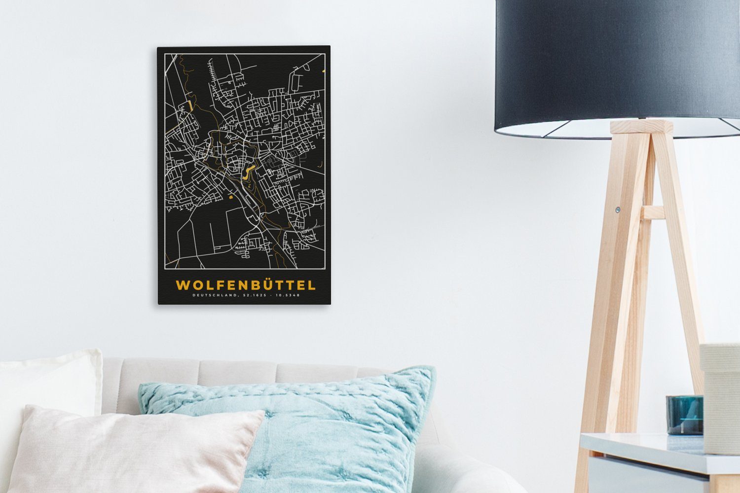 Stadtplan Leinwandbild 20x30 - - bespannt Deutschland fertig St), Gemälde, - Zackenaufhänger, Gold Schwarz und - inkl. Karte, OneMillionCanvasses® Wolfenbüttel (1 cm Leinwandbild