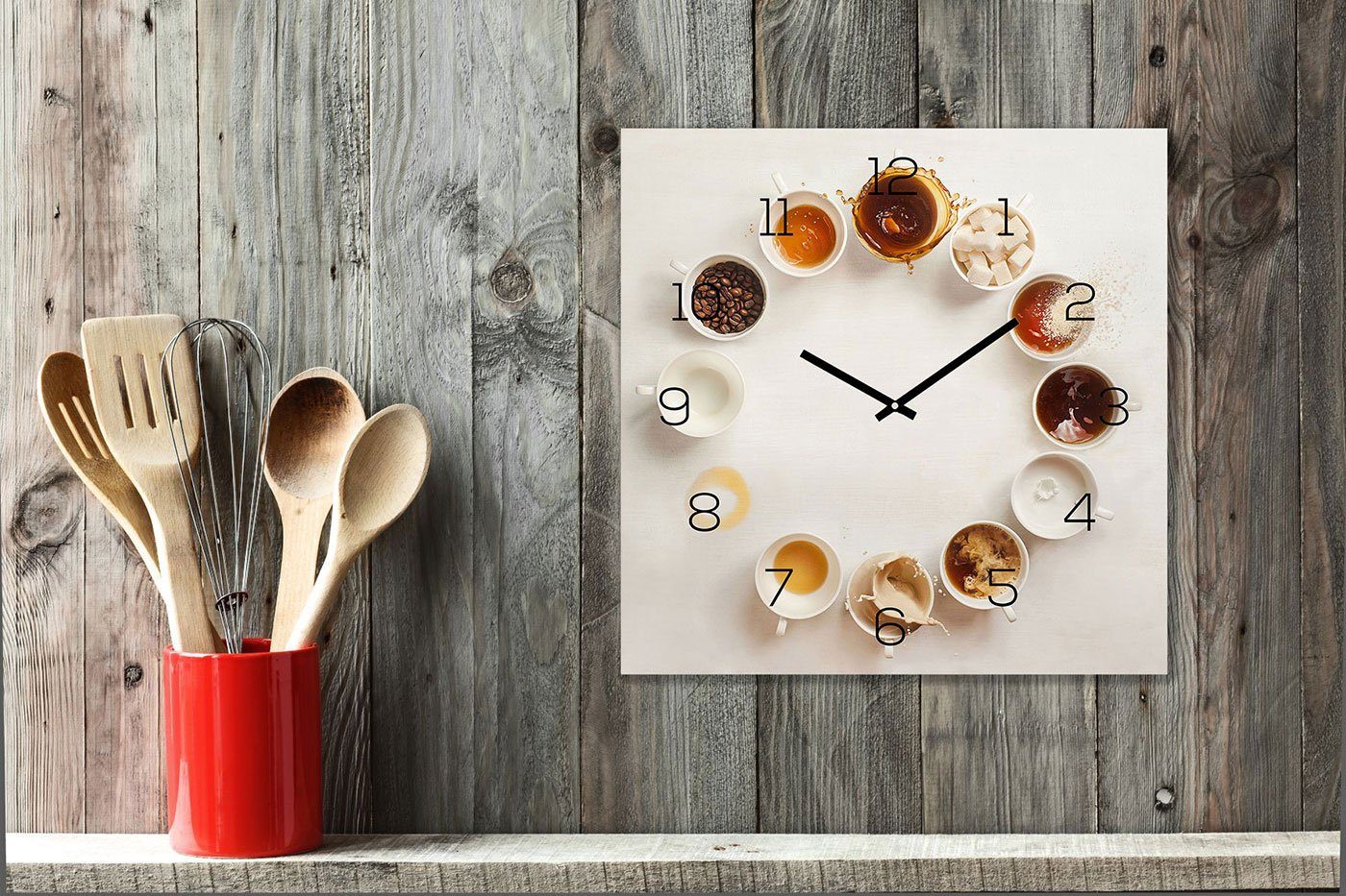 Alu-Dibond Uhr) Alubild Küchenuhr Levandeo® Tassen (Wanduhr Wanduhr 30x30cm Kaffee
